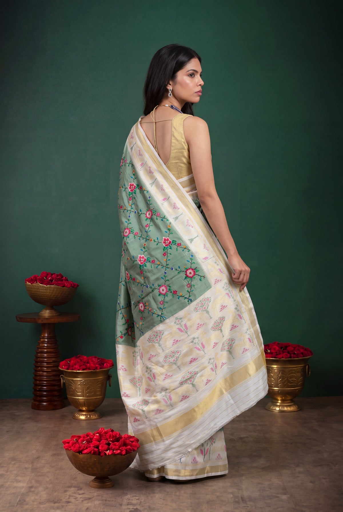 Sage Green Twill Silk Patola Saree