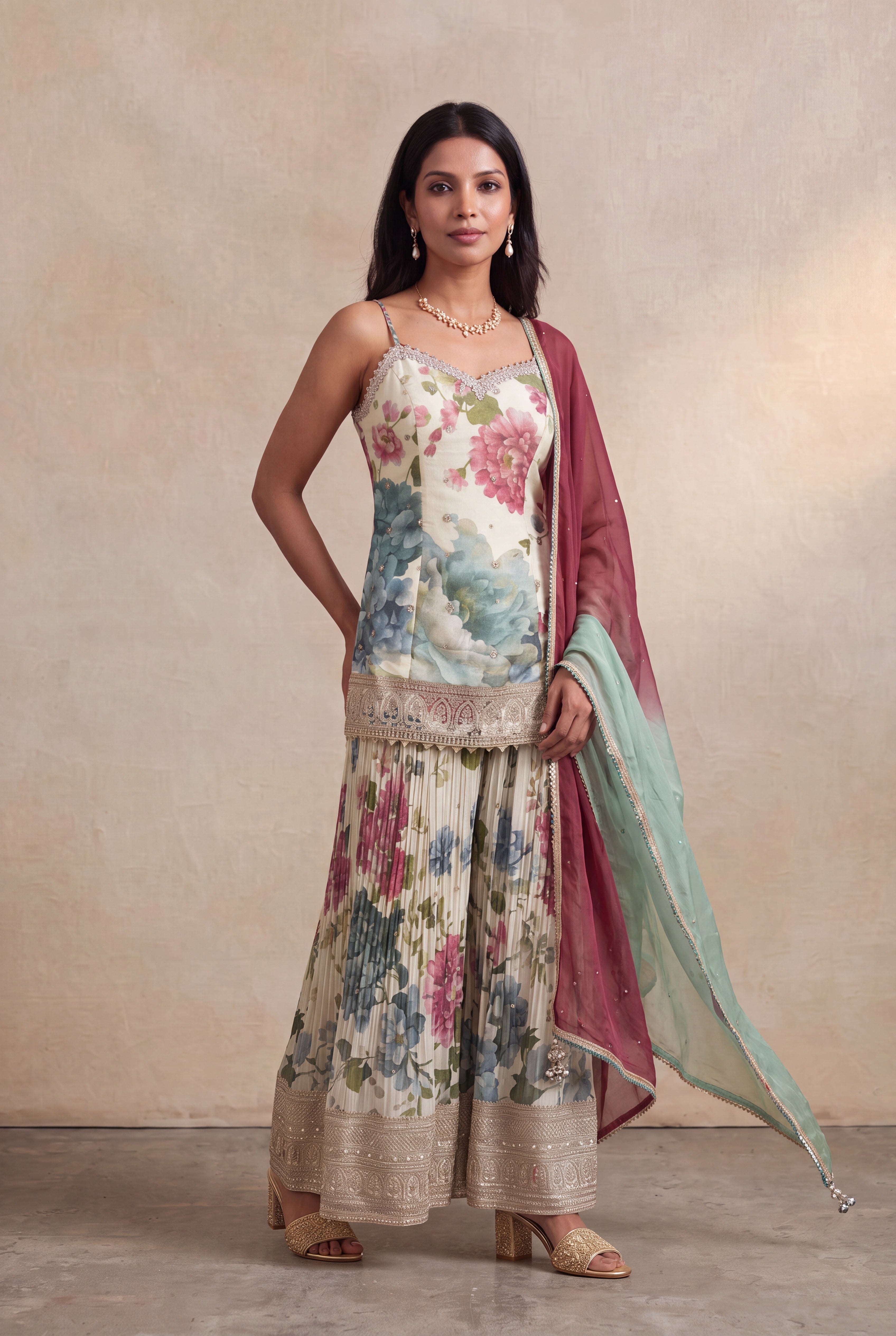Ivory Floral Printed Tissue Sharara Set with Zari Border
