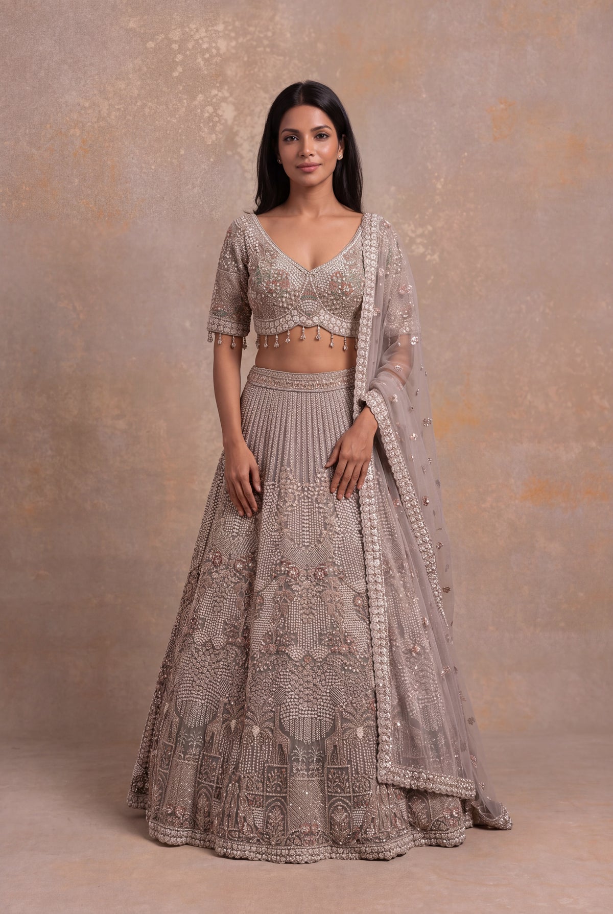 Taupe Net Lehenga