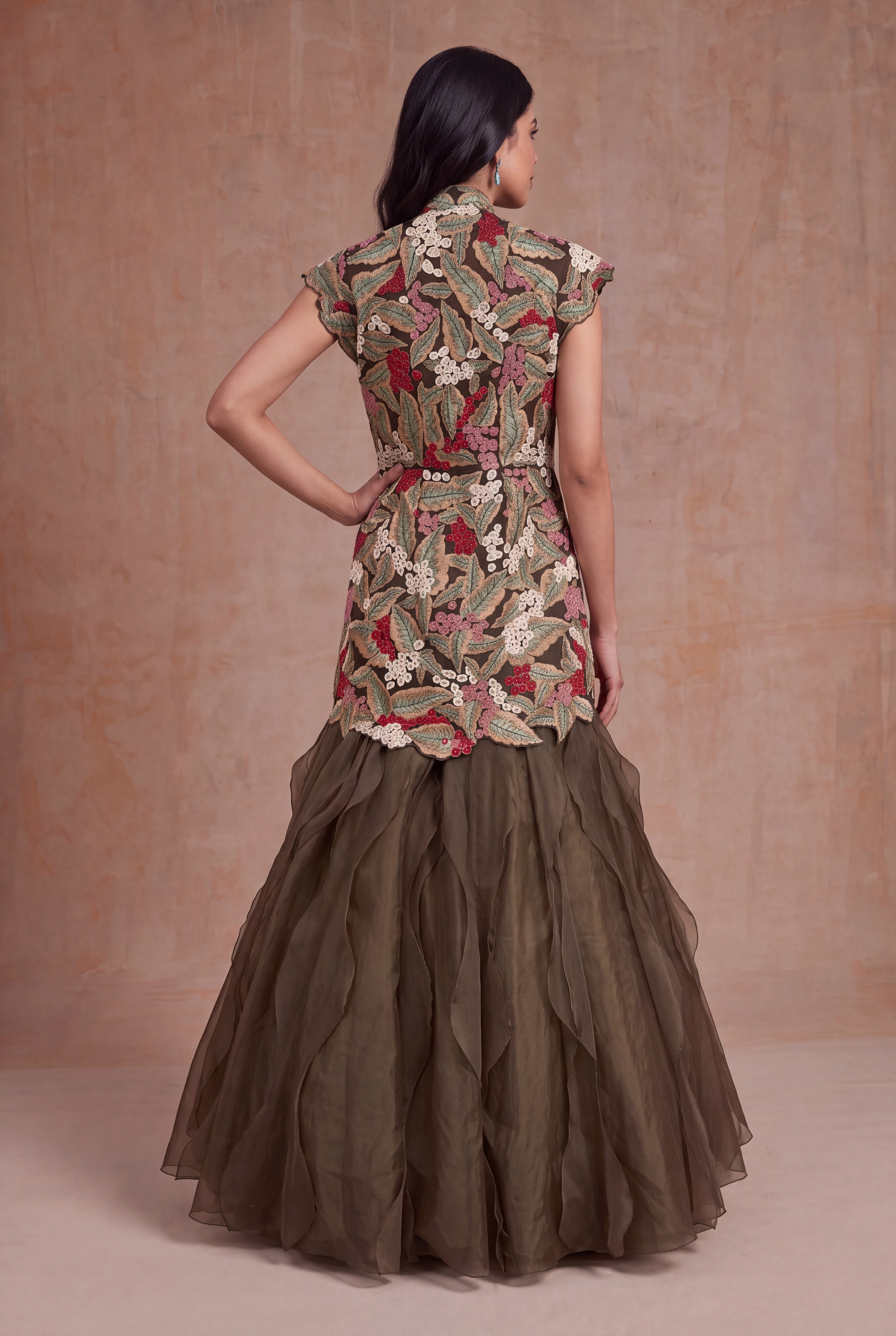 Olive Green Silk & Organza Botanical Embroidery Set