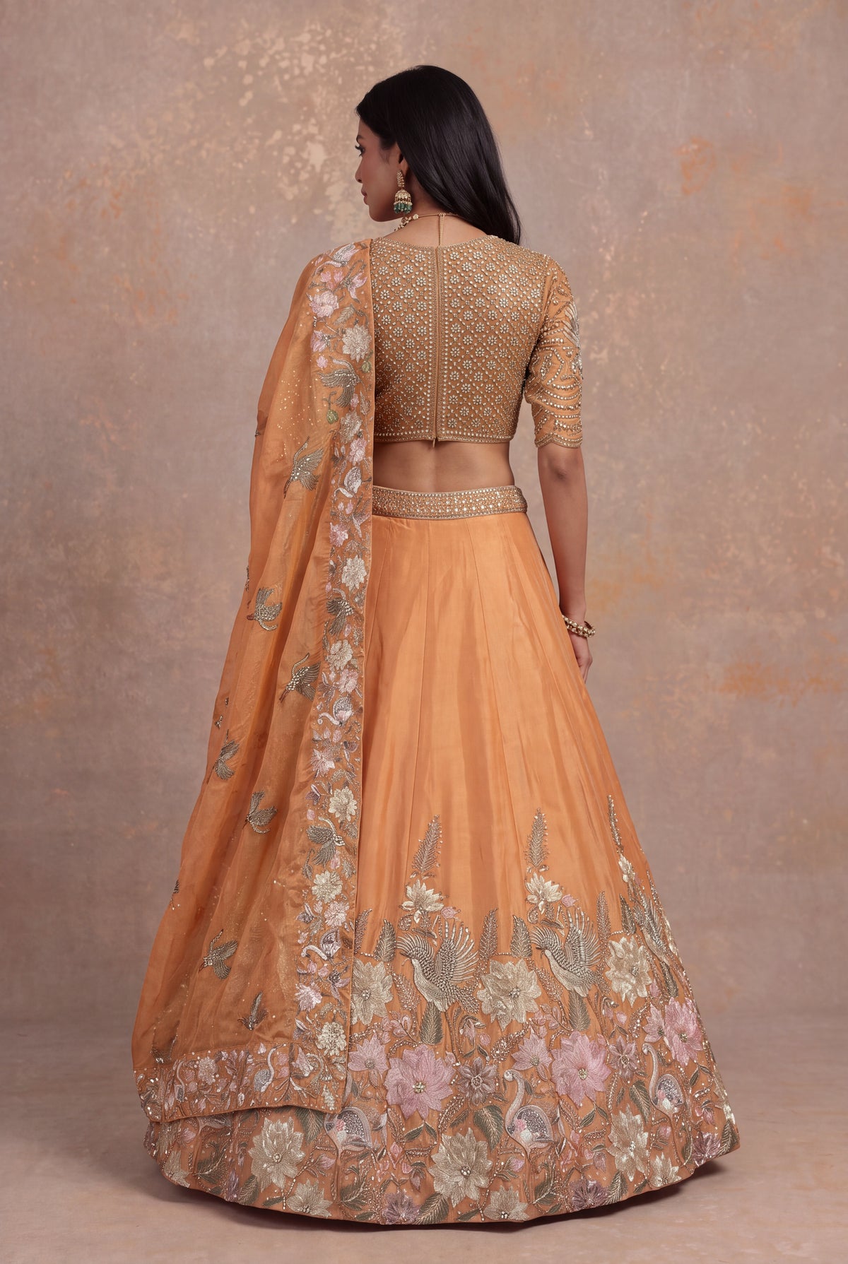 Light Orange Organza Tissue Floral Embroidered Lehenga