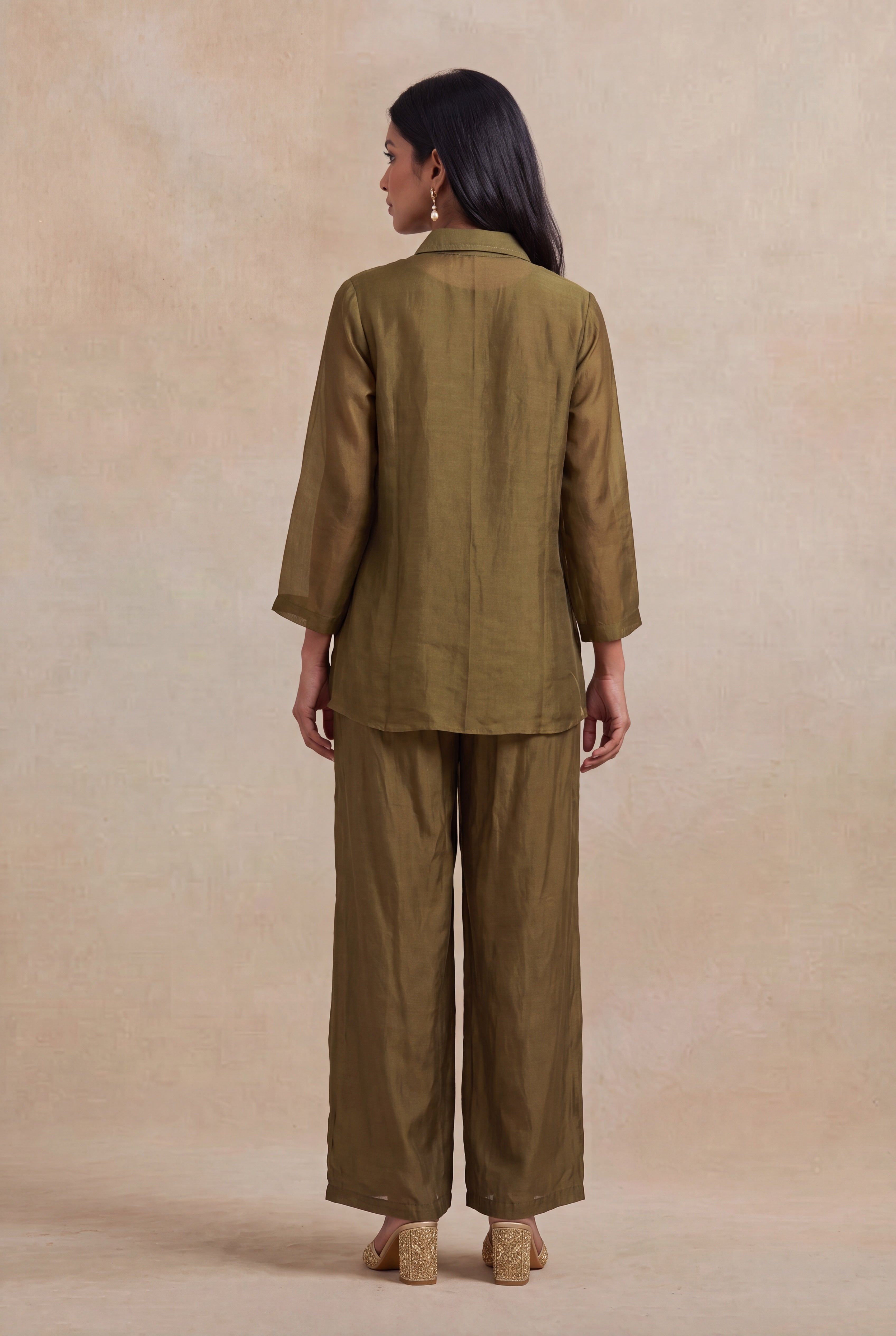 Olive Green Organza Embellished Co-ord Set