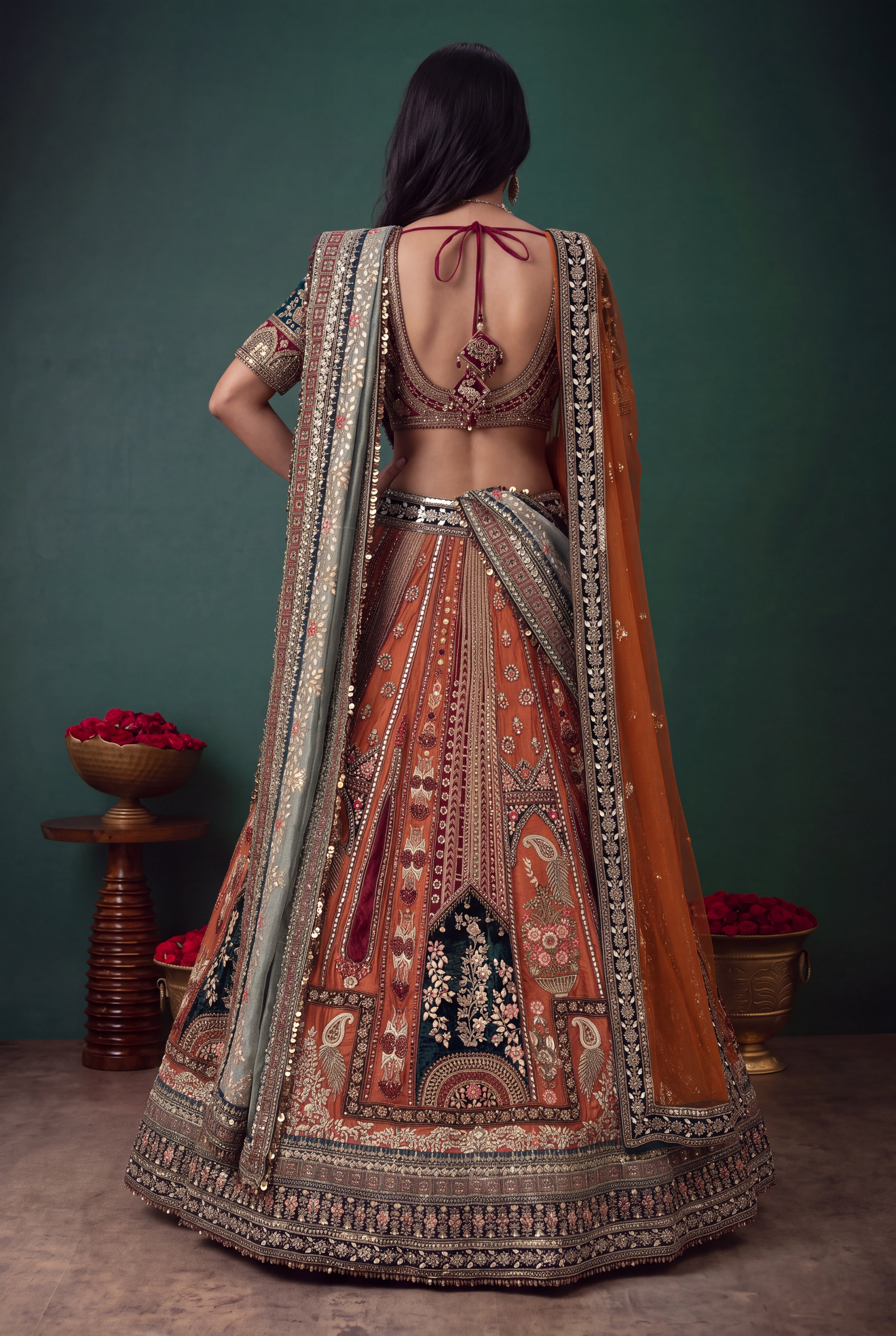 Rust Multicolour Silk & Velvet Lehenga with Zardozi Panel Work