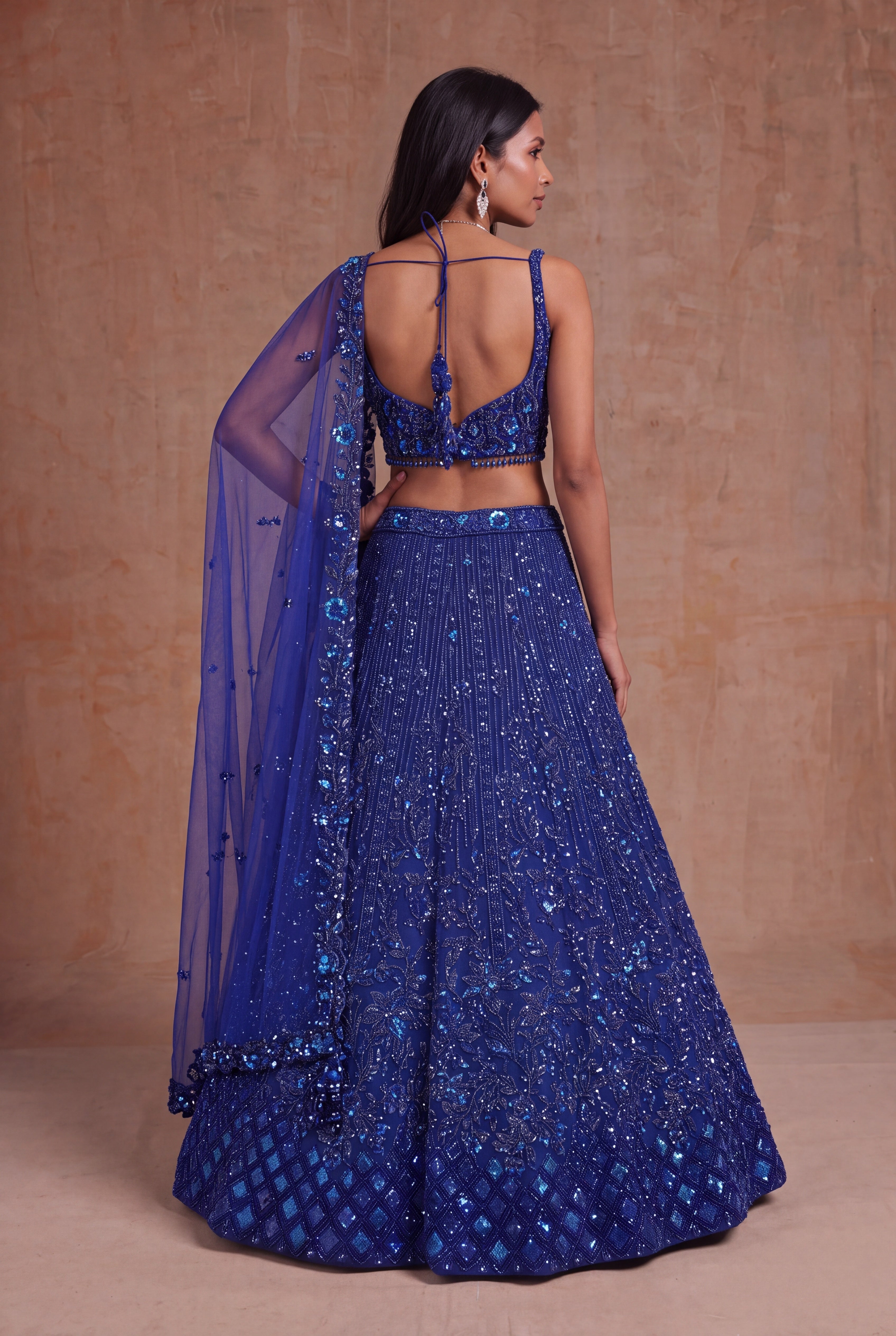 Royal Blue Net Lehenga with Sequin, Kutdana & Stone Embroidery