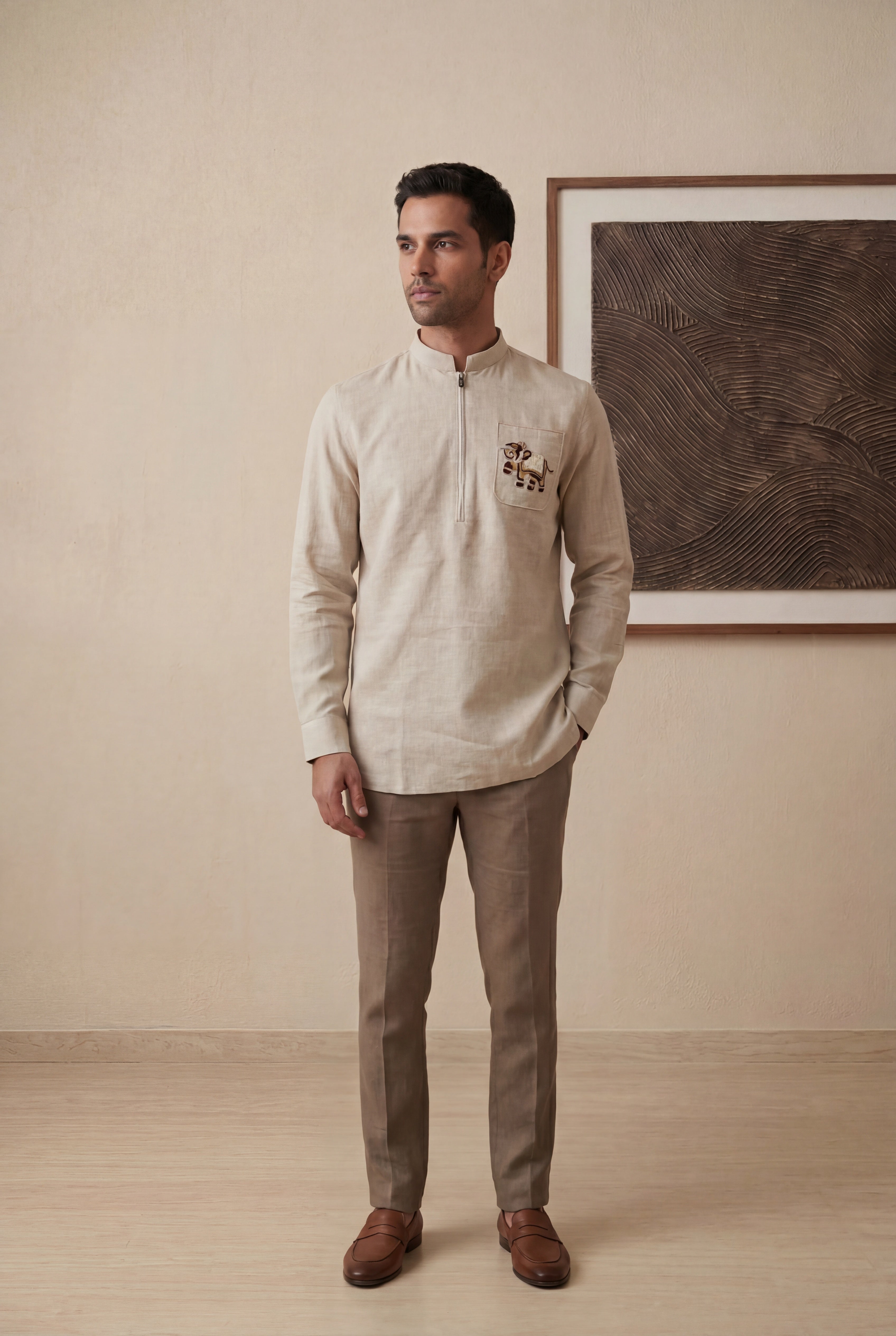Beige Linen Chinese Collar Short Kurta