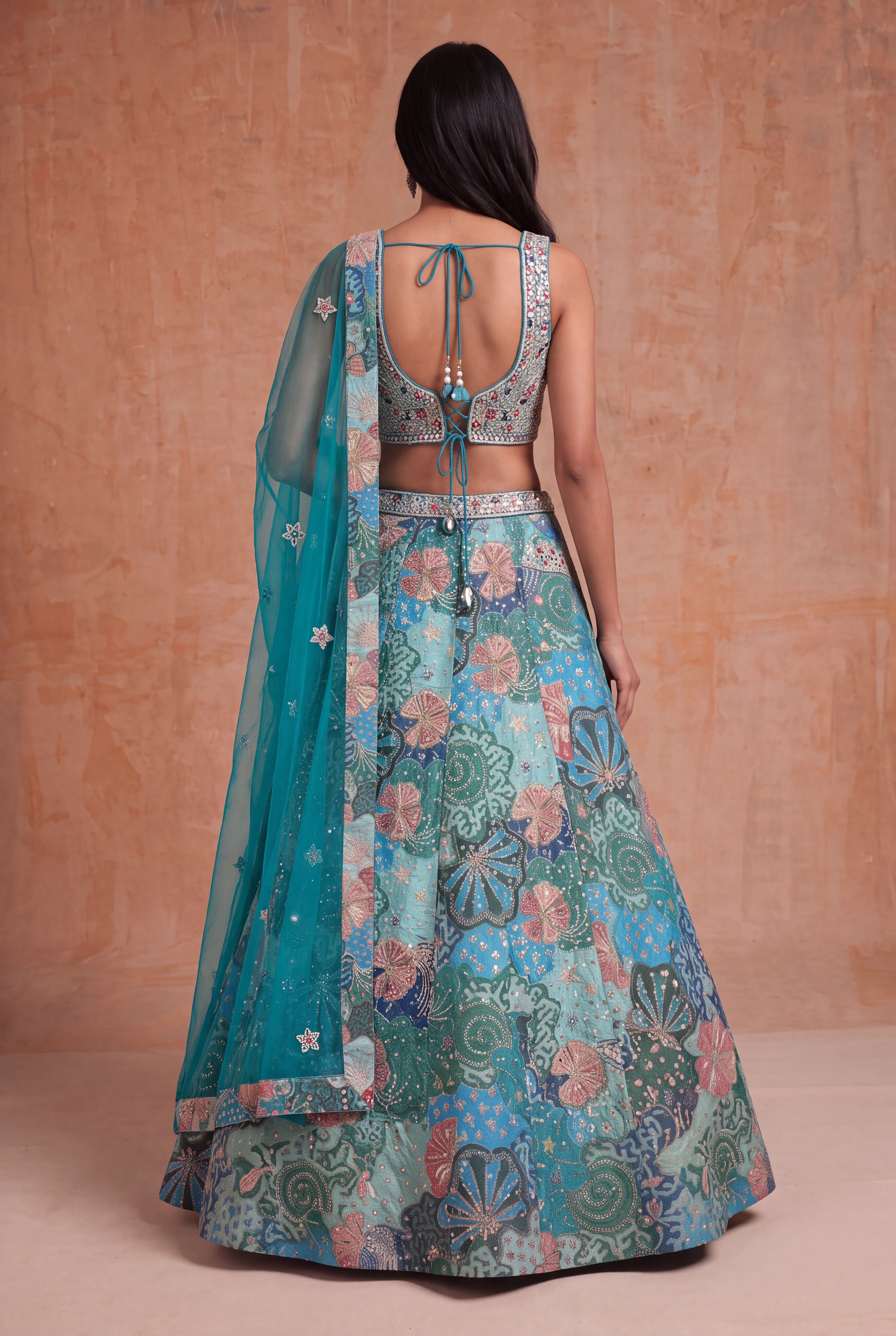 Teal Tissue Silk Floral Lehenga