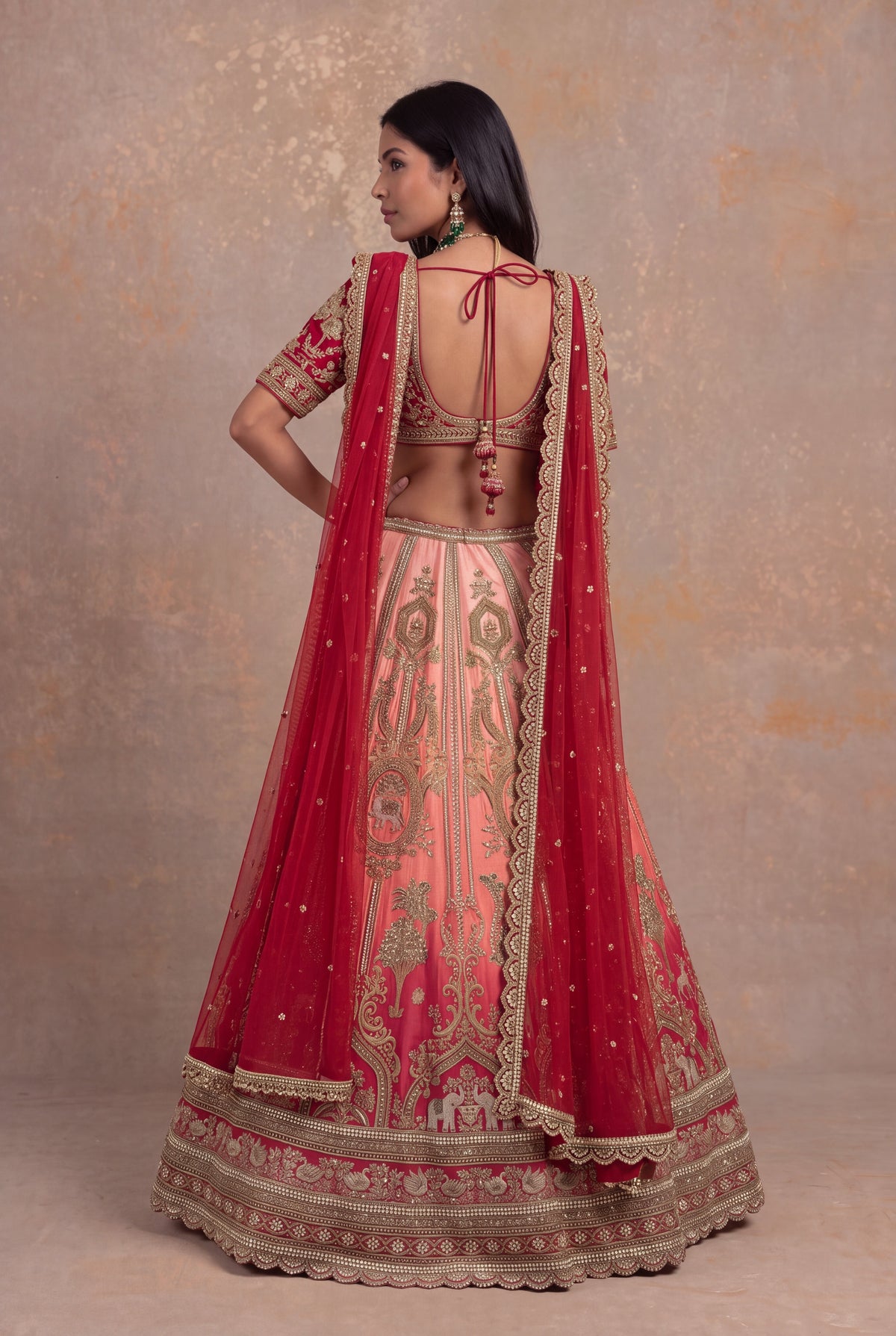 Red & Peach Silk Bridal Lehenga