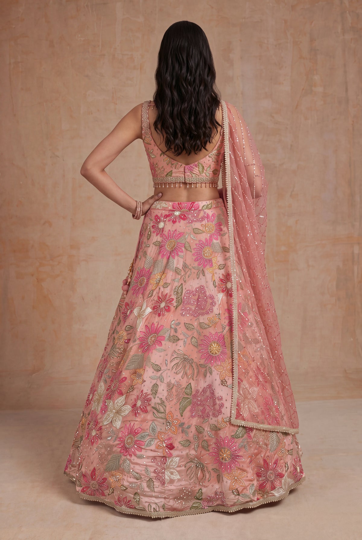 Peach Crepe Silk Lehenga