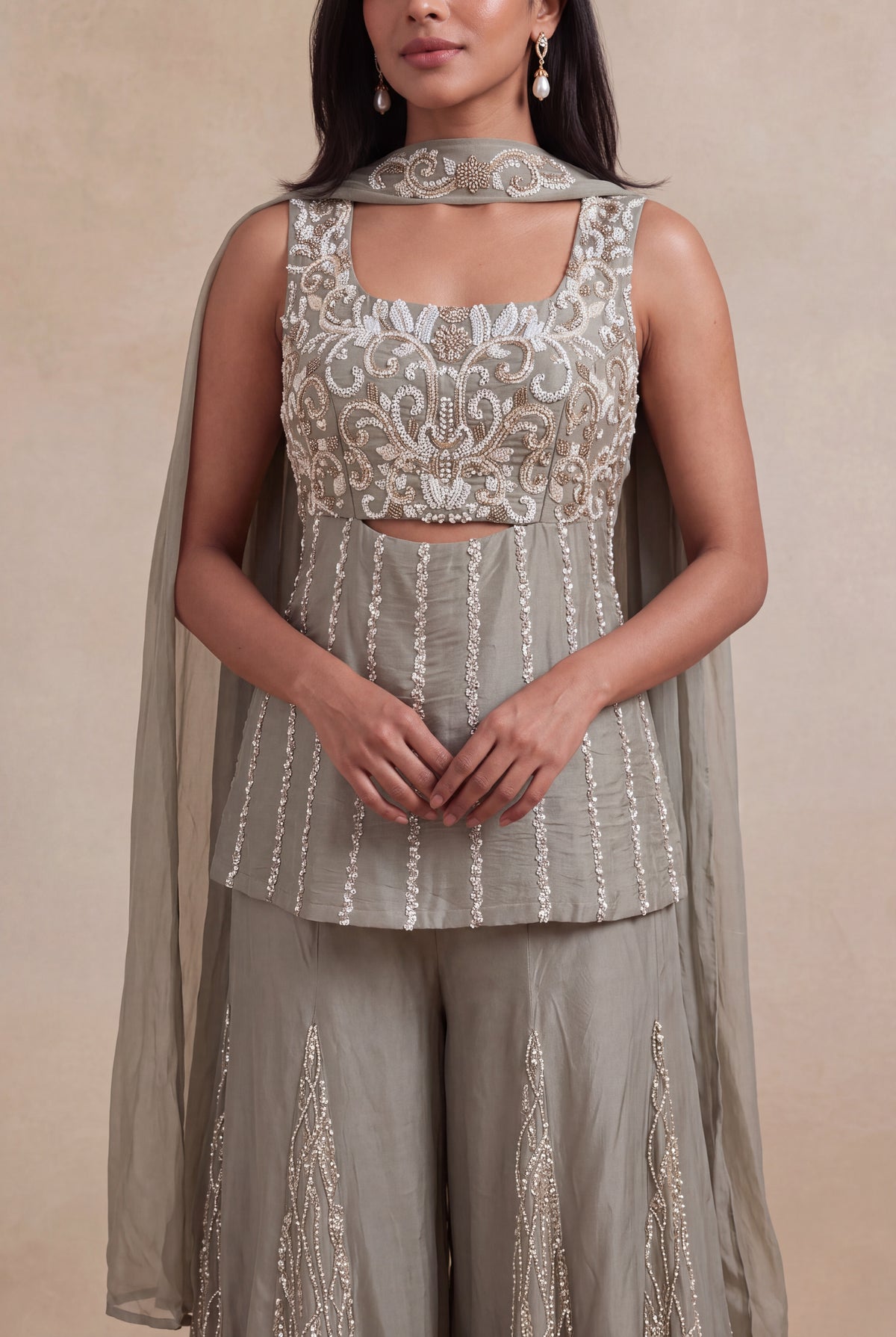 Grey Crepe Palazzo Set with Sequins & Katdana Work