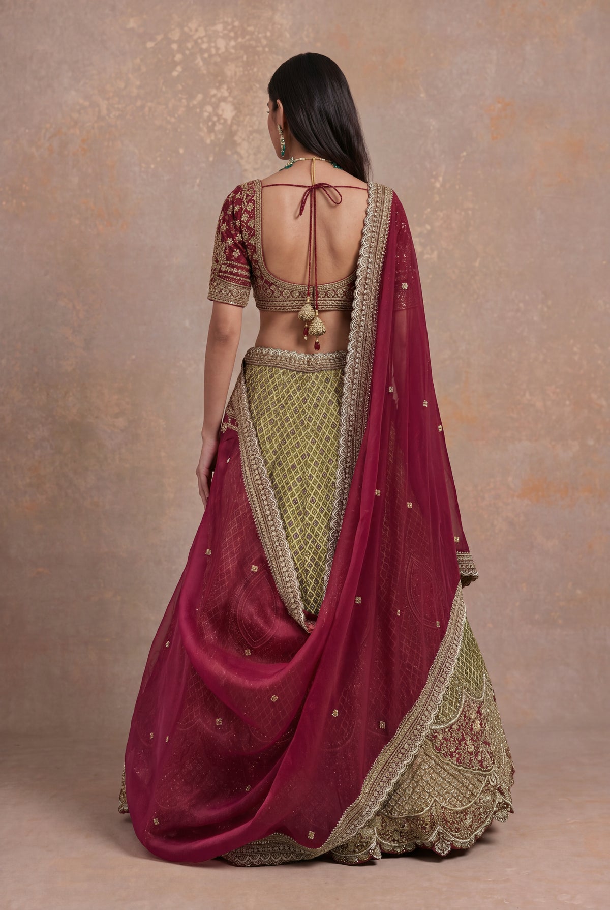 Olive Green Printed Silk Lehenga Set with Zardozi and Cutdana Work