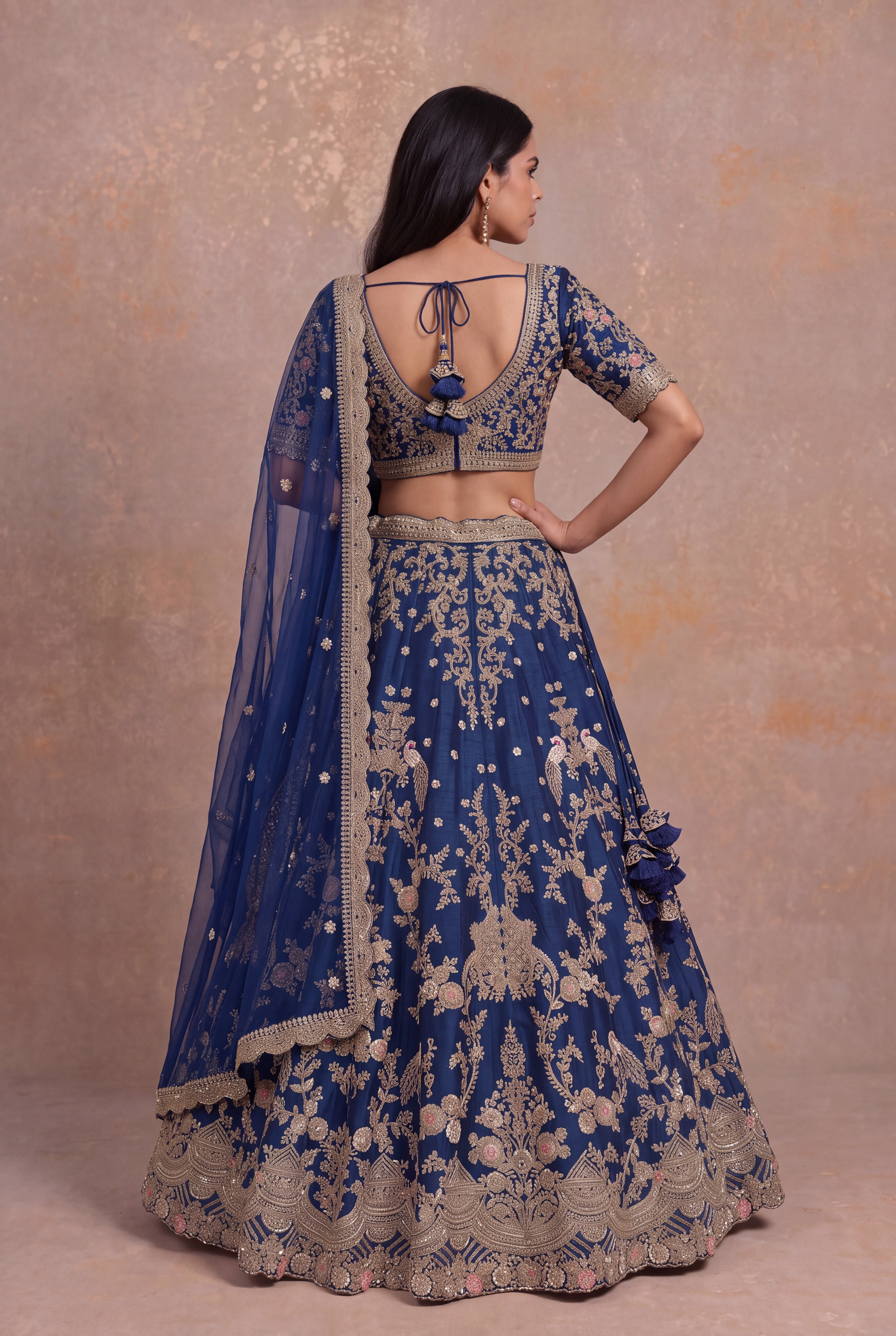 Royal Blue Silk Lehenga with Zardozi Peacock & Floral Embroidery