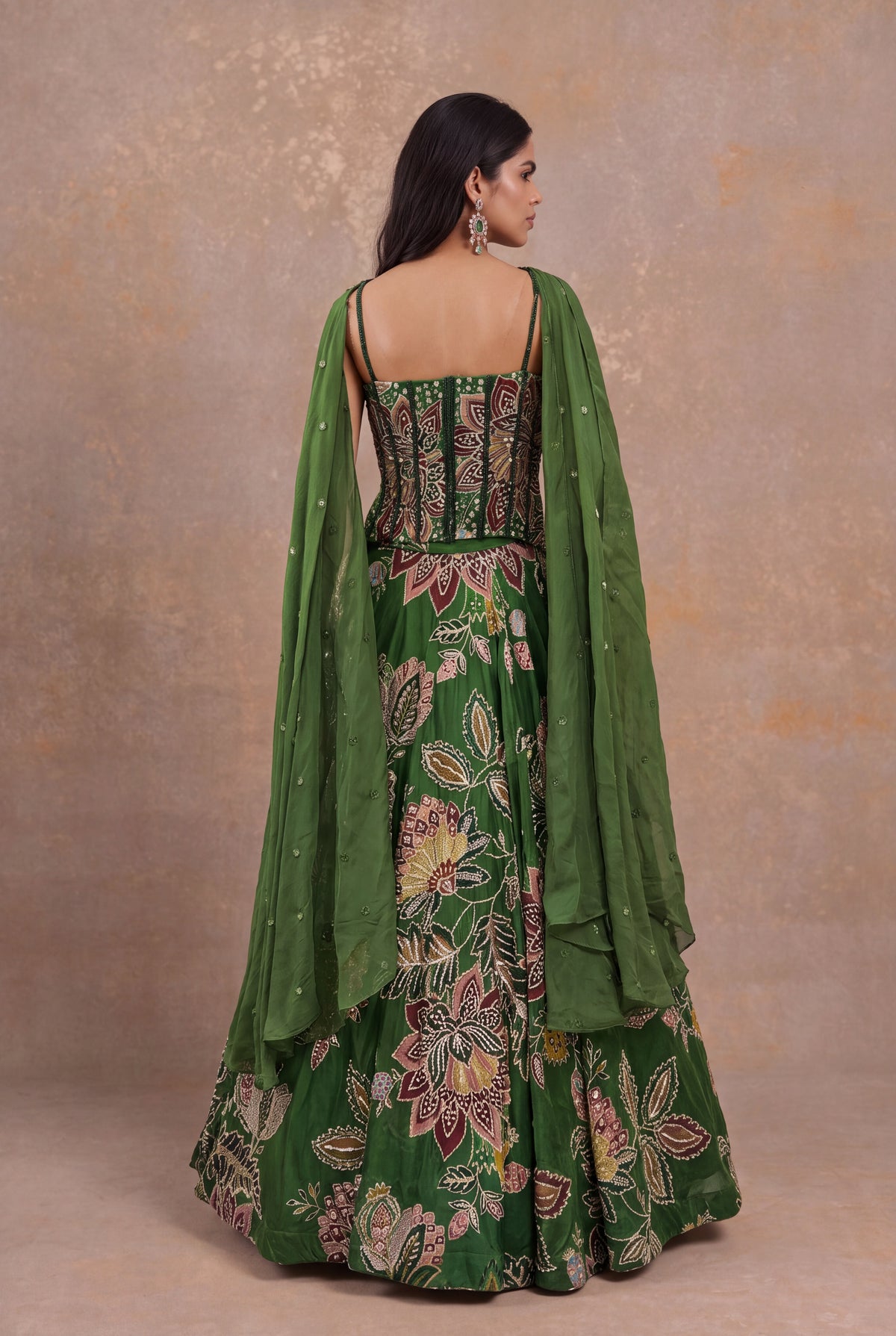 Forest Green Organza Floral Embroidered Corset Lehenga