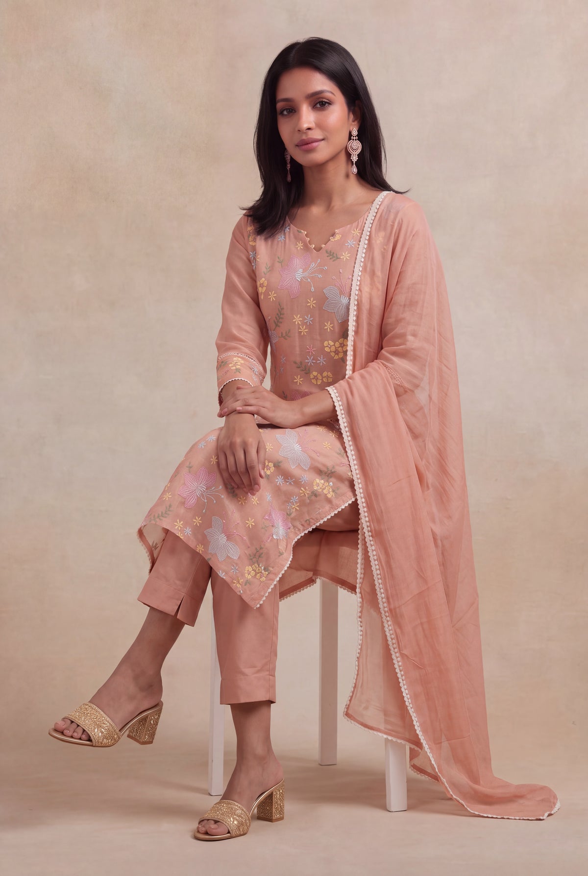 Peach Mul Cotton Embroidered Kurti Set