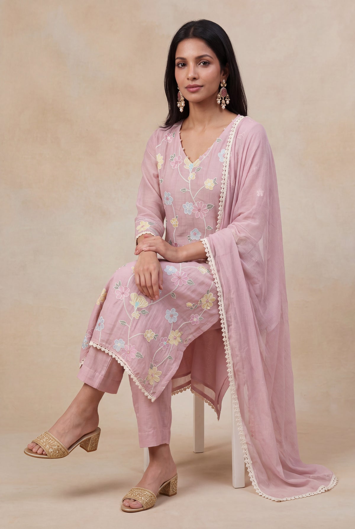 Dusty Rose Mul Cotton Embroidered Kurti Set