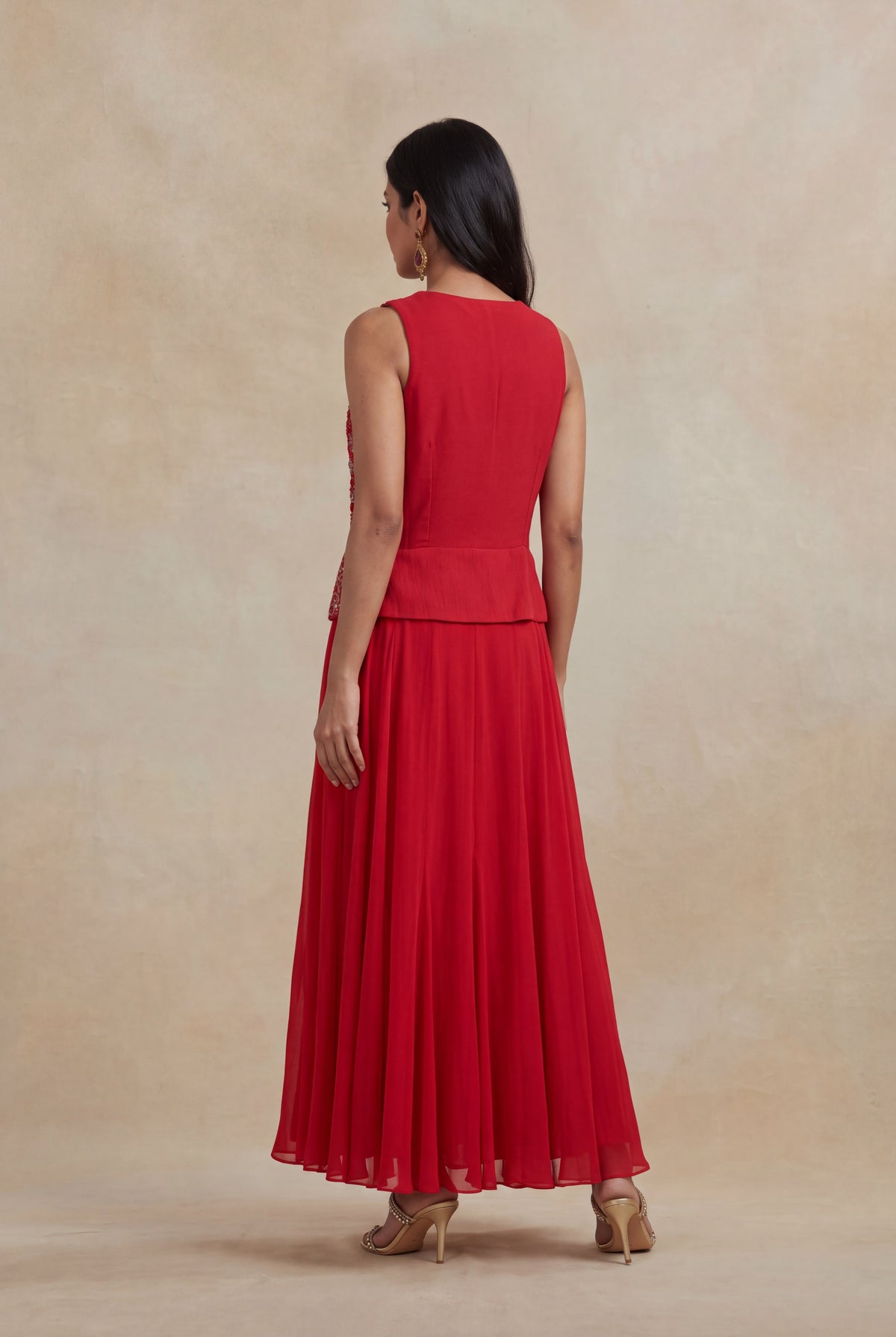 Red Sequins & Katdana Embroidered Jacket Gown