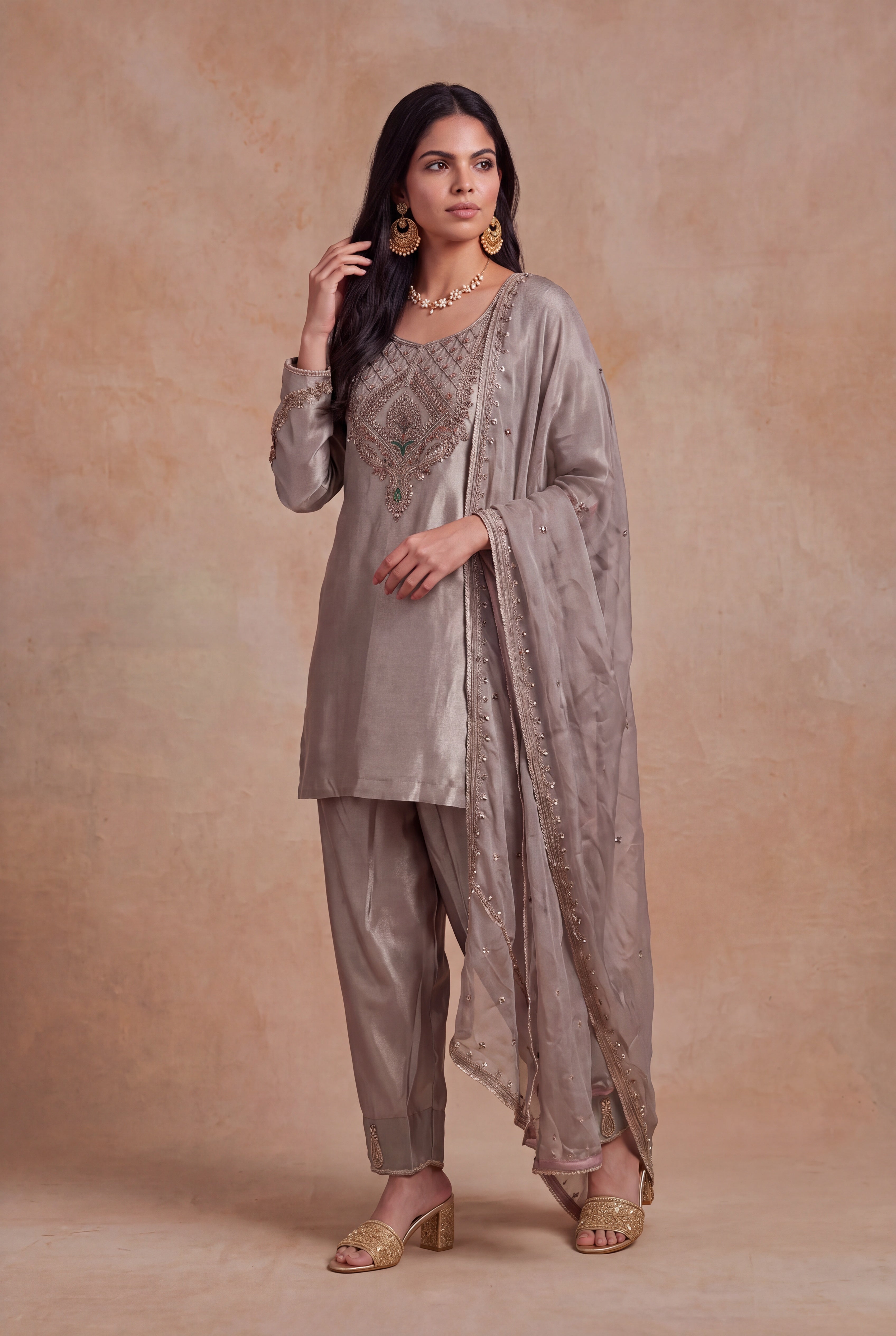 Silver Grey Tissue Indo-Western Set