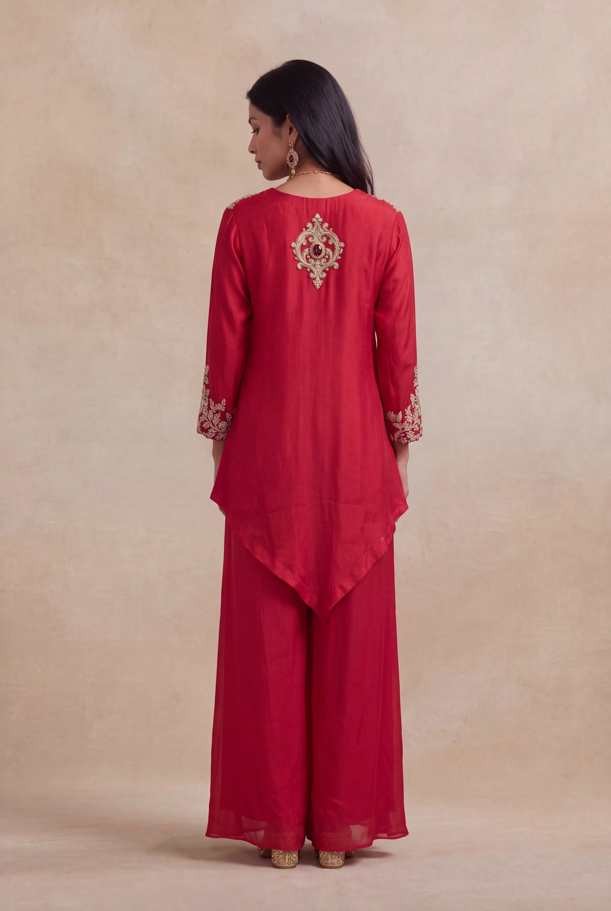 Red Raw Silk Zardosi Indo-Western Palazzo Set