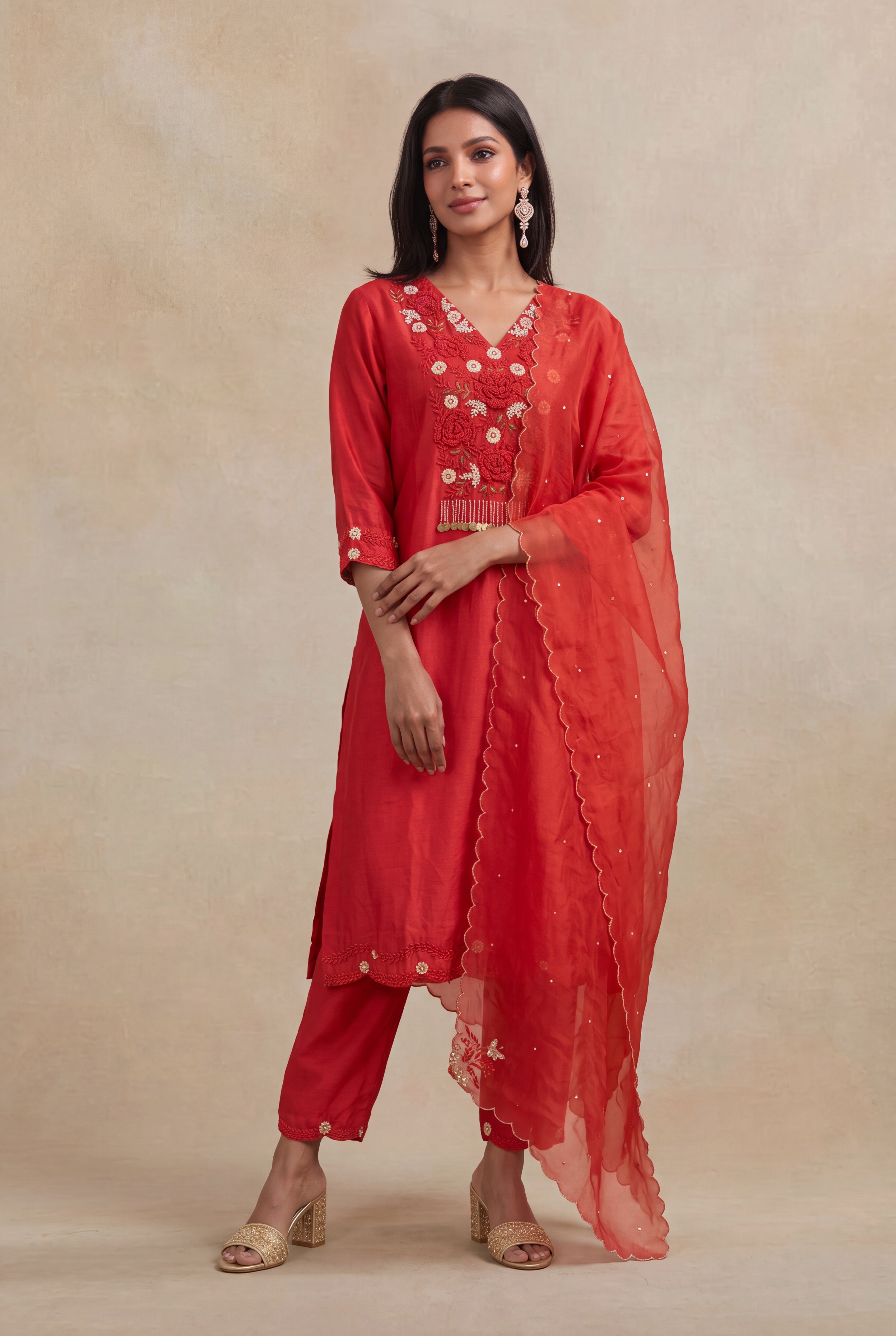 Red Chanderi Silk Embroidered Straight-Cut Salwar Set