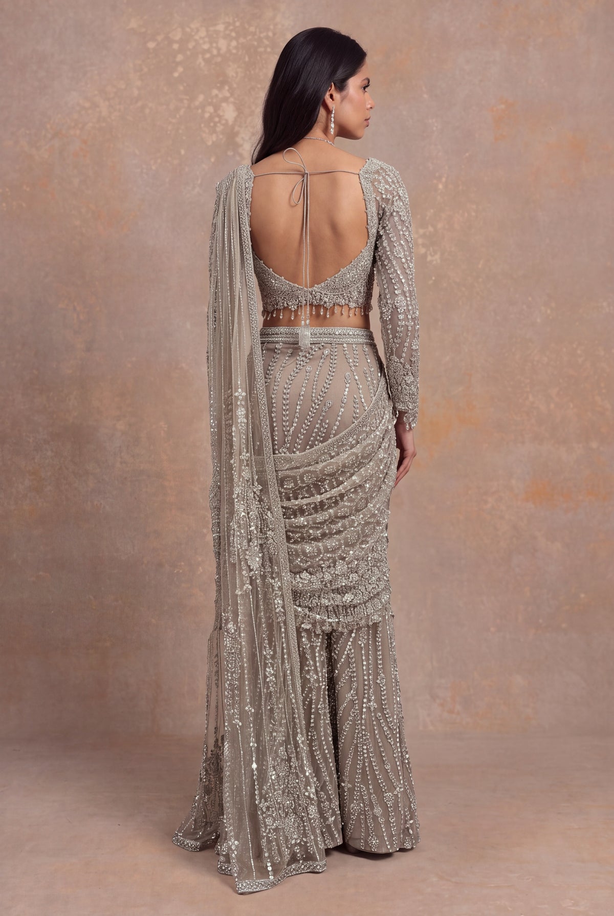 Beige Embellished Net Pre-Draped Saree