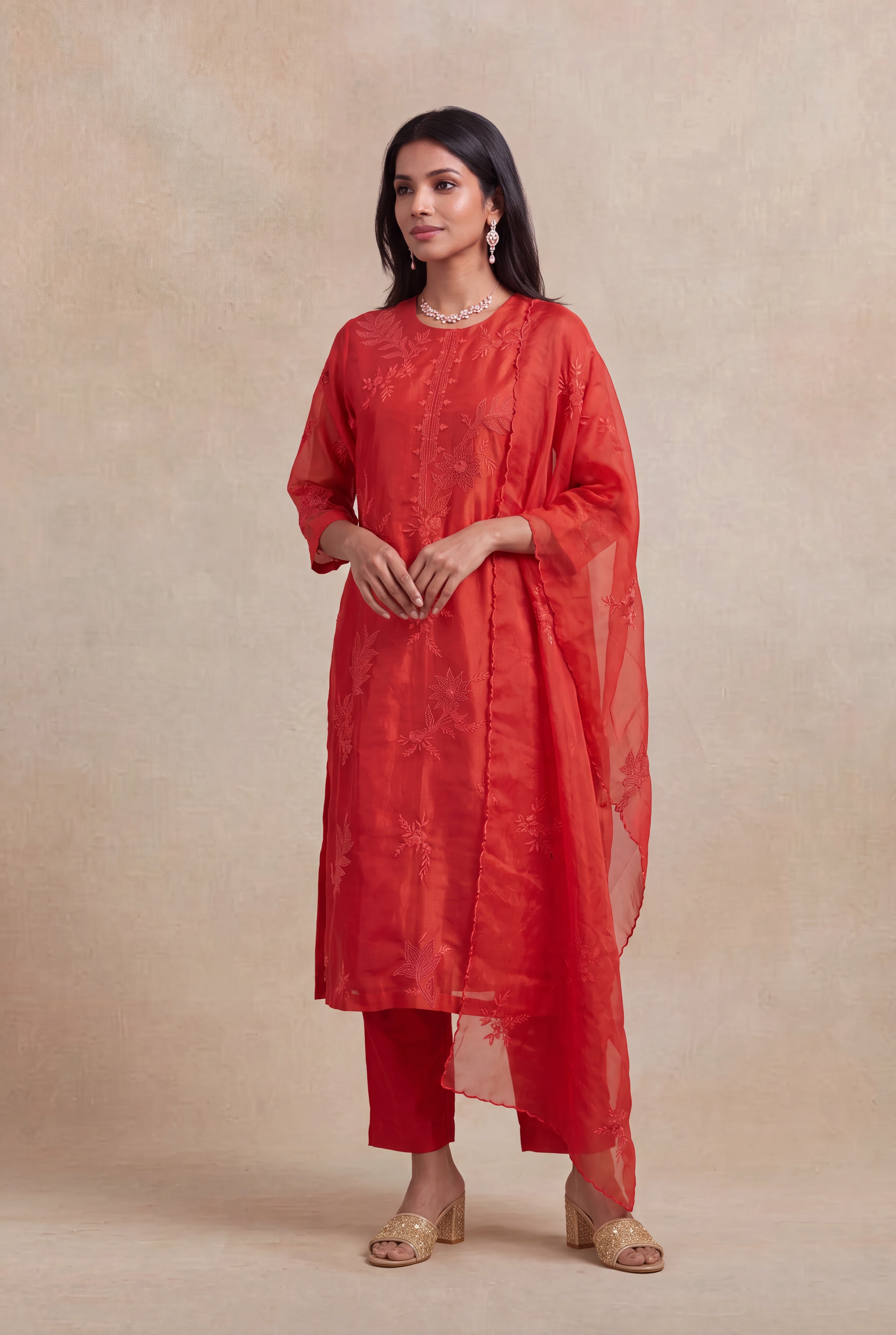 Rust Orange Organza Embroidered Straight-Cut Salwar Set