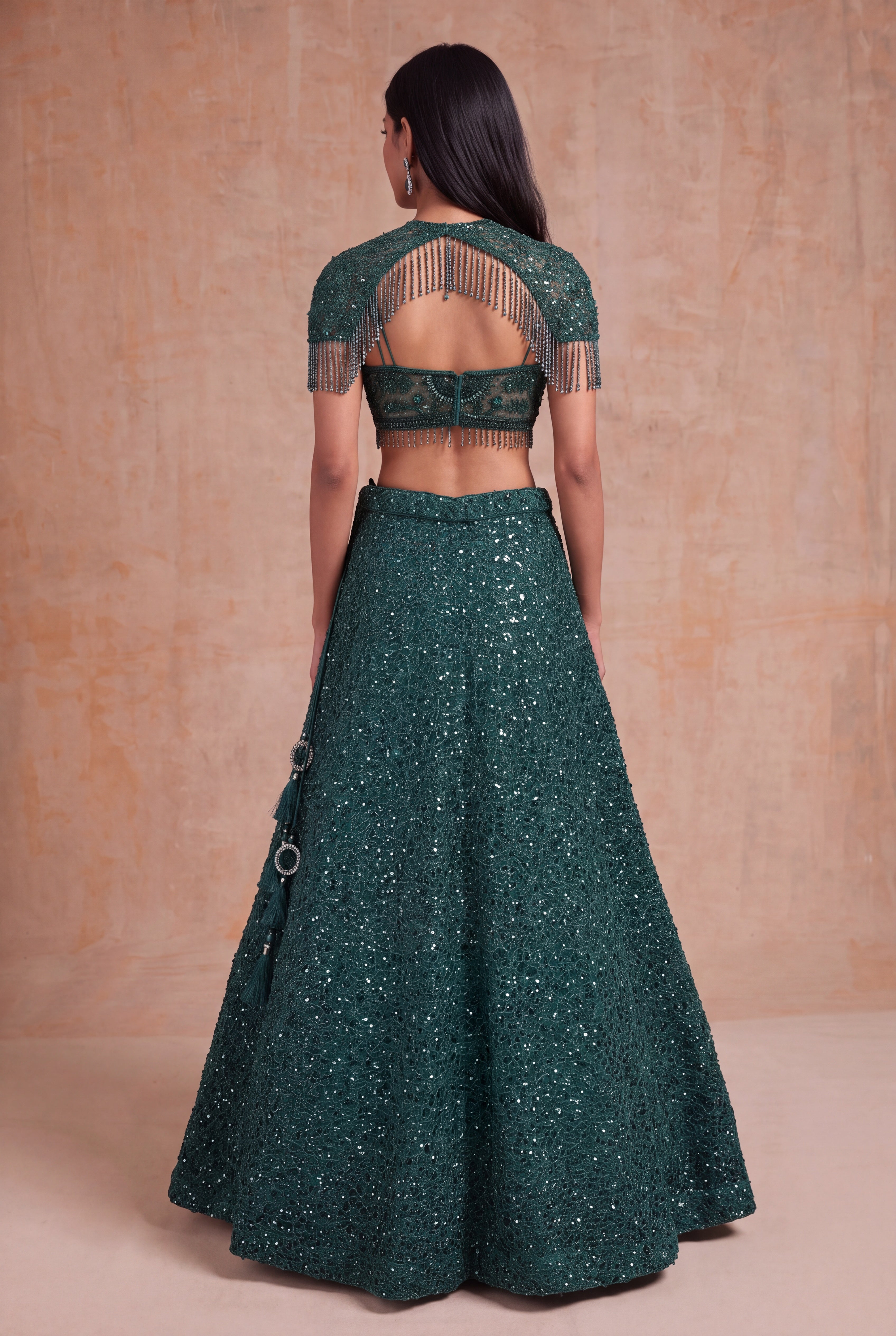 Emerald Green Indo-Western Net Lehenga