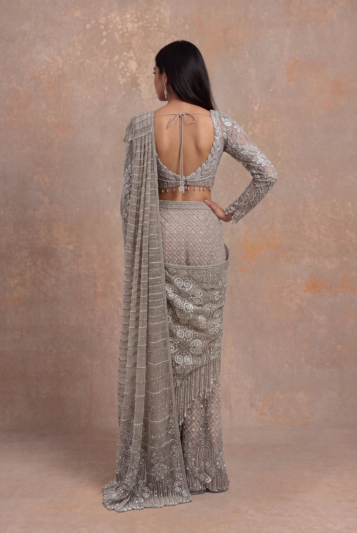 Rose Gold Embellished Net Pre-Draped Saree