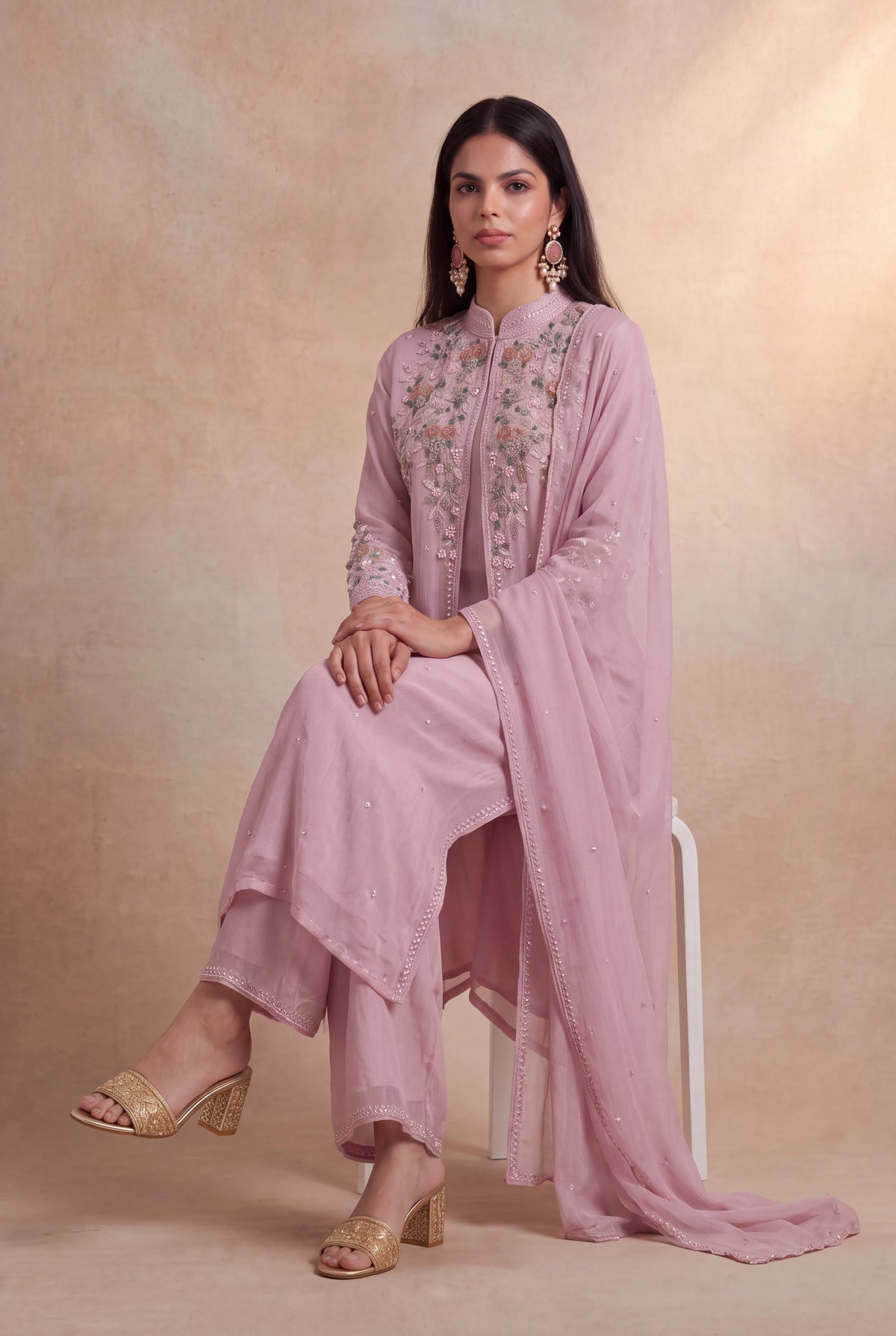 Dusty Pink Crepe Indo-Western Sharara Set