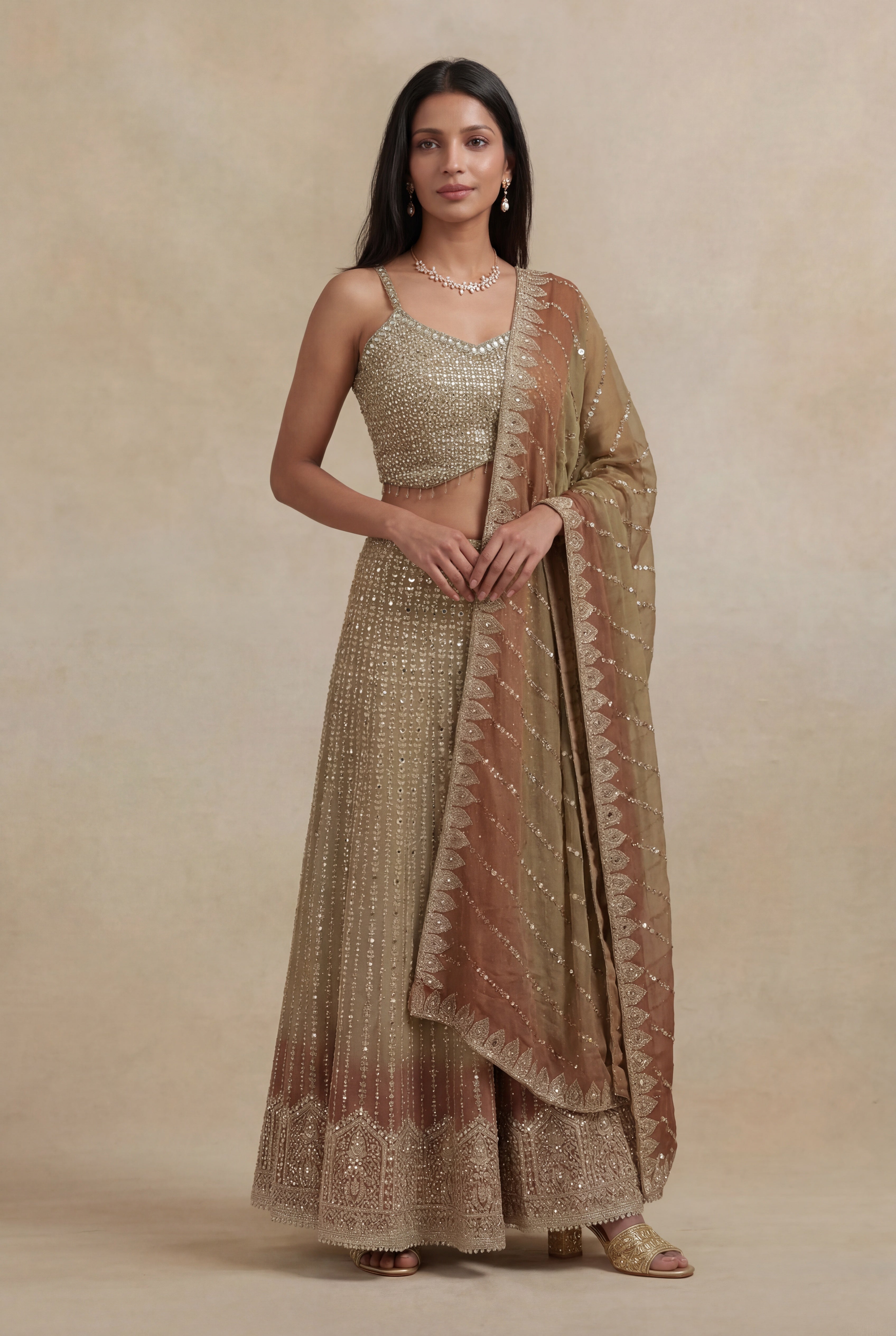 Gold Georgette Indo-Western   Set with Stone & Mirror Work