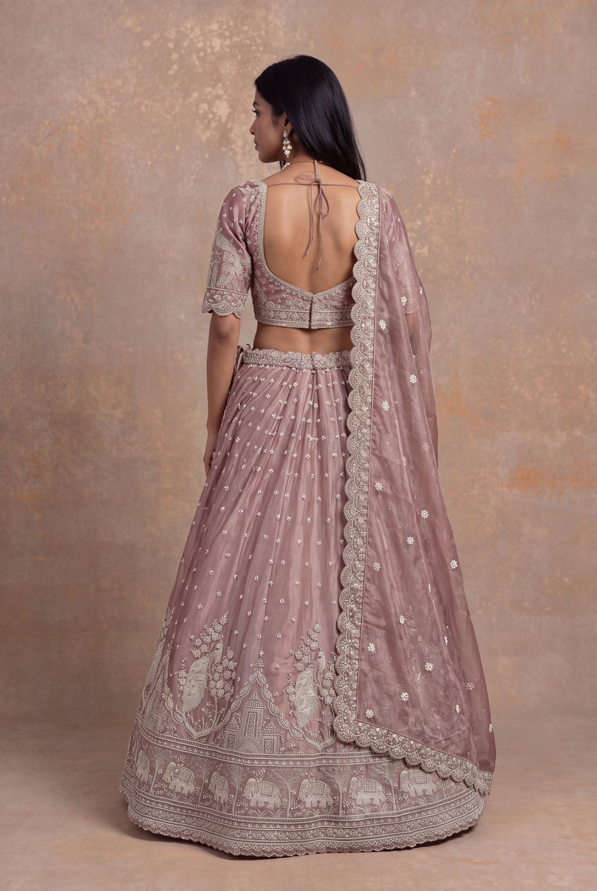 Dusty Rose Shimmer Organza Embroidered Lehenga