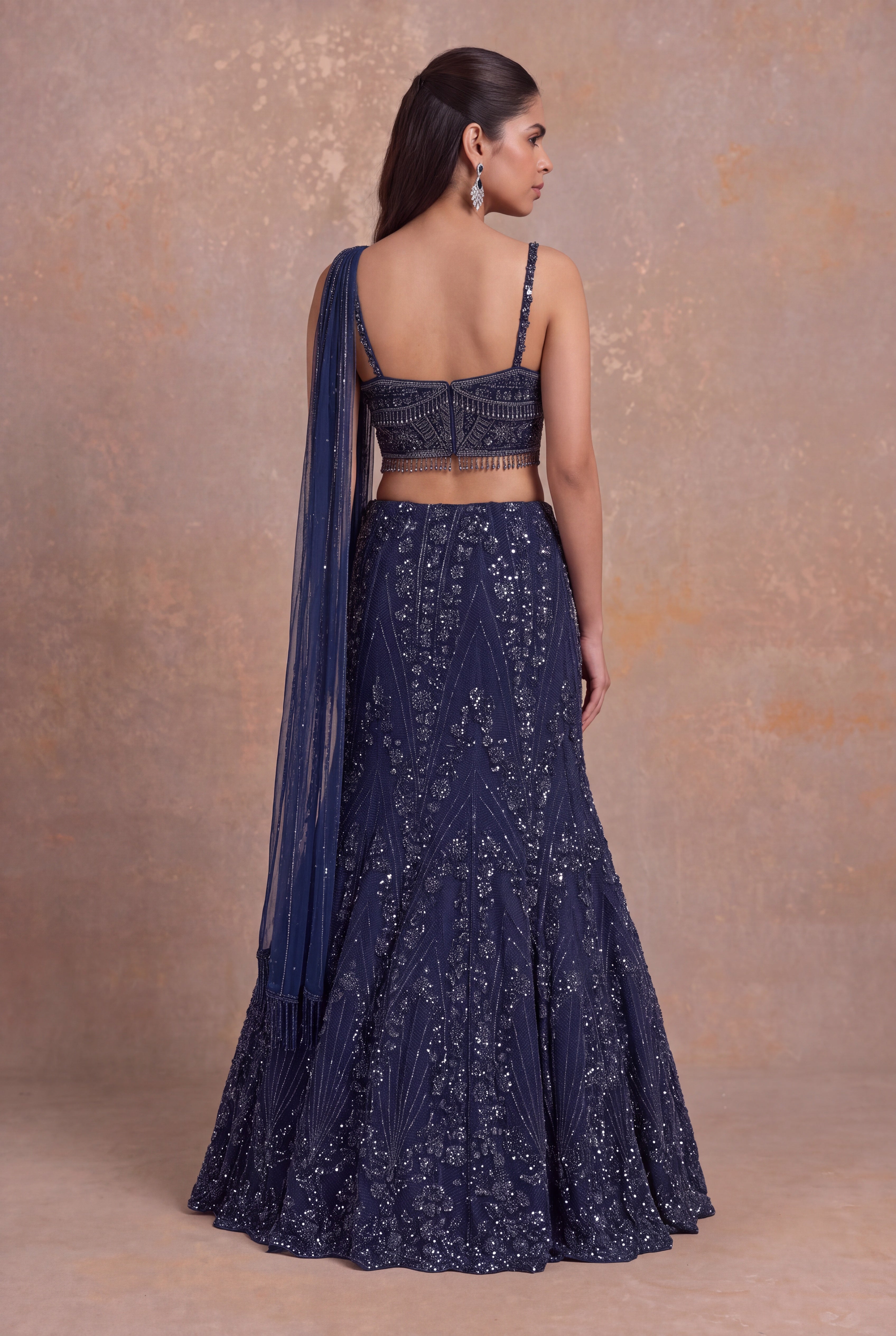 Navy Blue Net Lehenga with Corset Blouse and One-Shoulder Drape