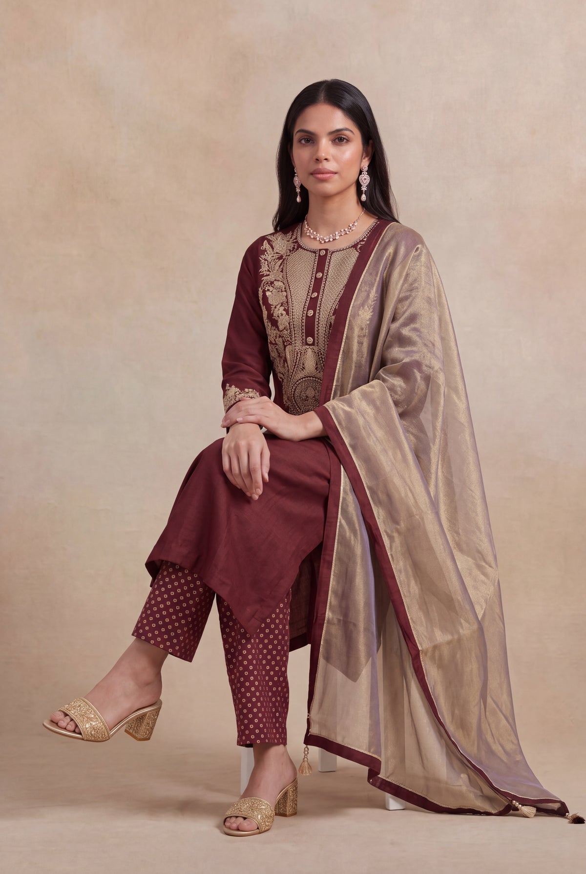 Wine Raw Silk Zardosi A-Line Salwar Set