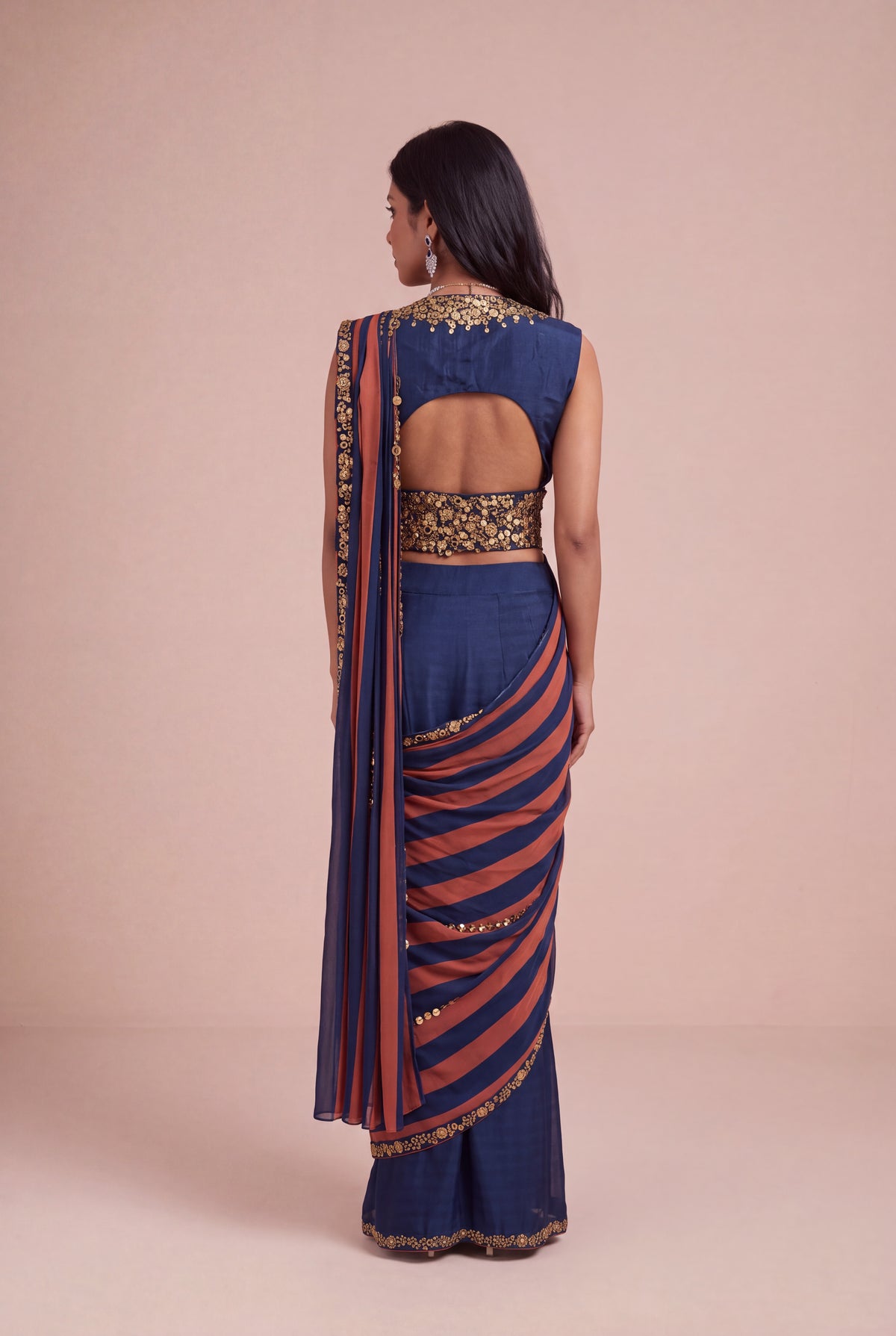 Navy Blue & Rust Satin Silk Pre-Draped Saree