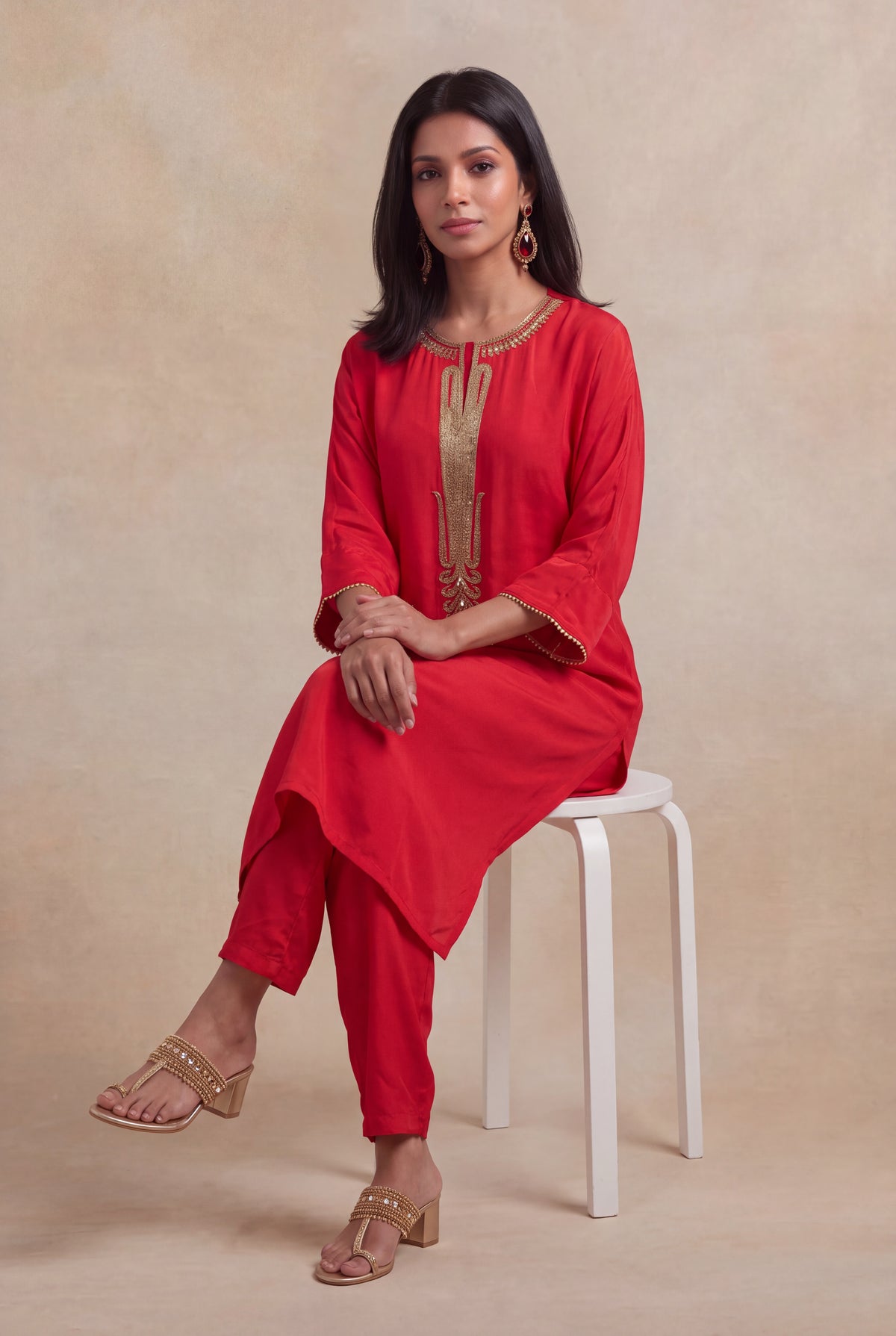 Red Satin Silk Kurti Set with Katdana Work