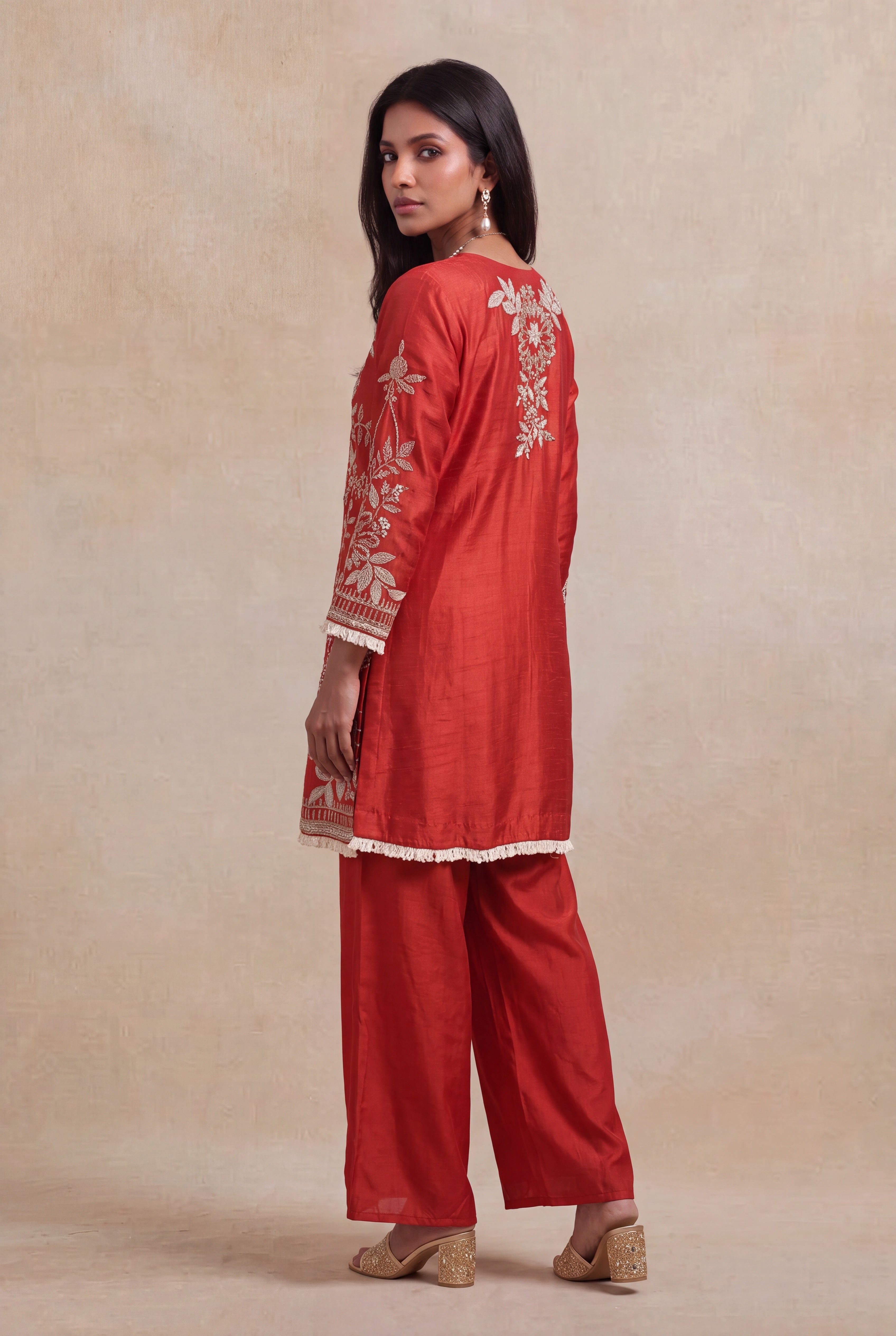 Rust Red Raw Silk Indo-Western Co-Ord Set