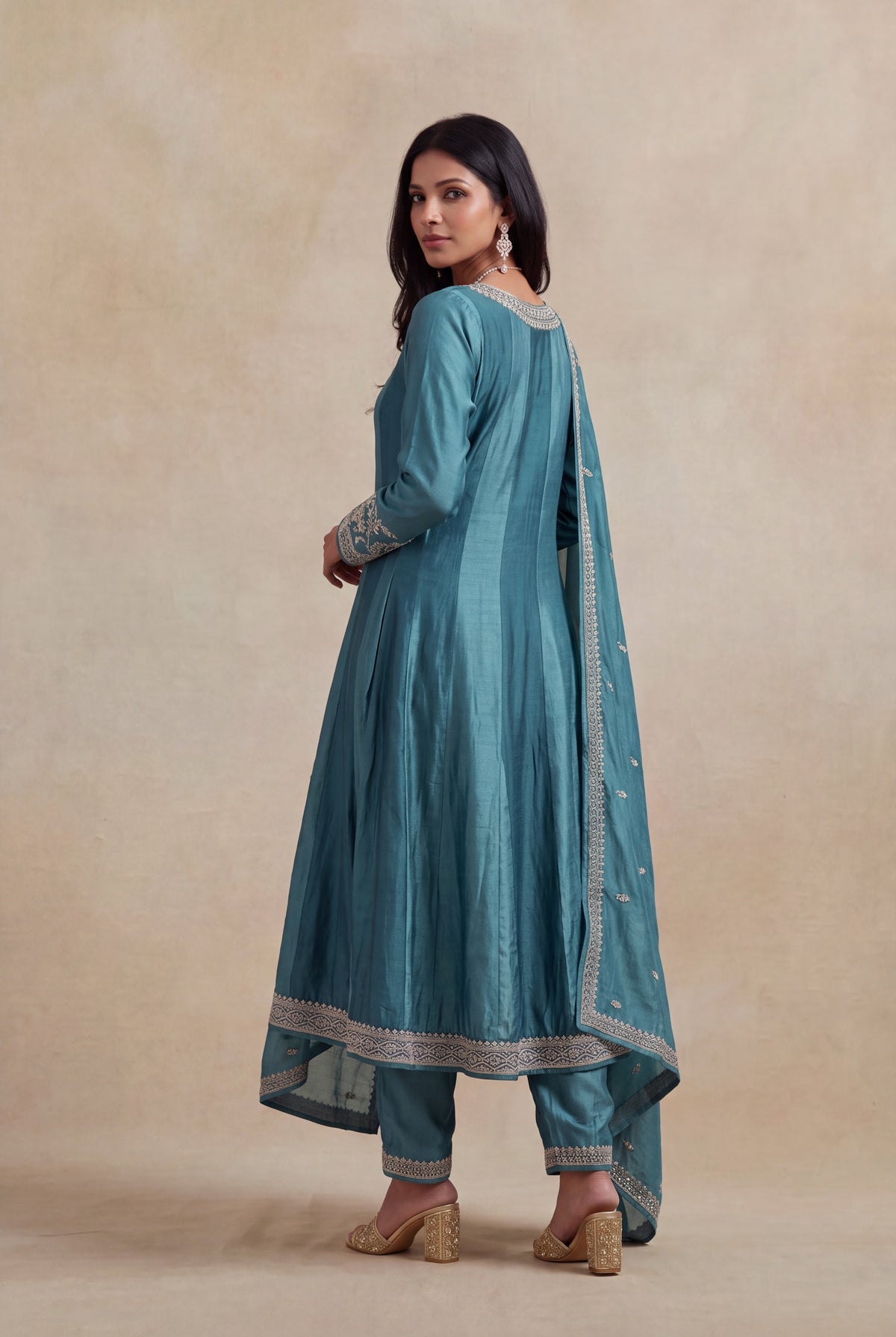 Teal Blue Raw Silk Anarkali Set