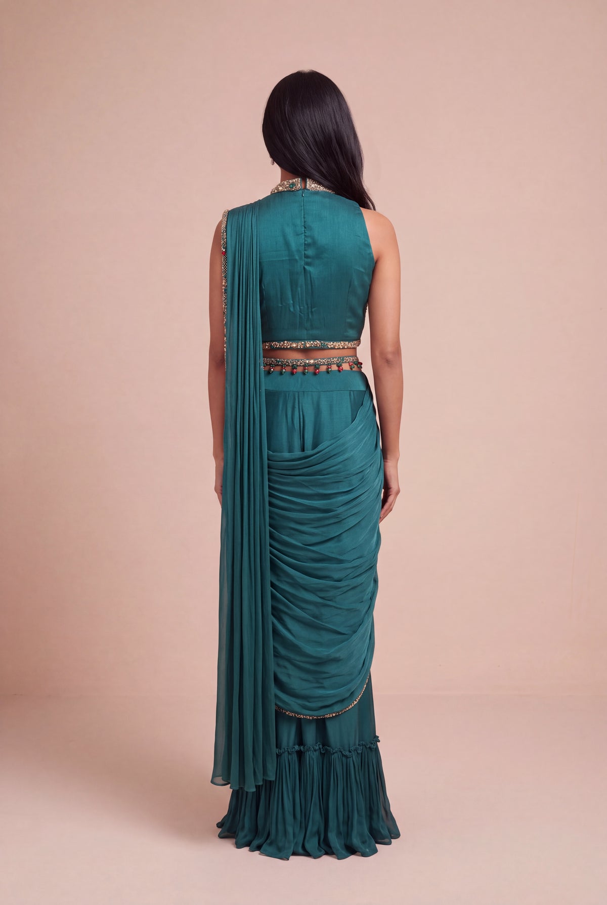 Emerald Green Draped Saree with Jewel-Embroidered Halter Blouse