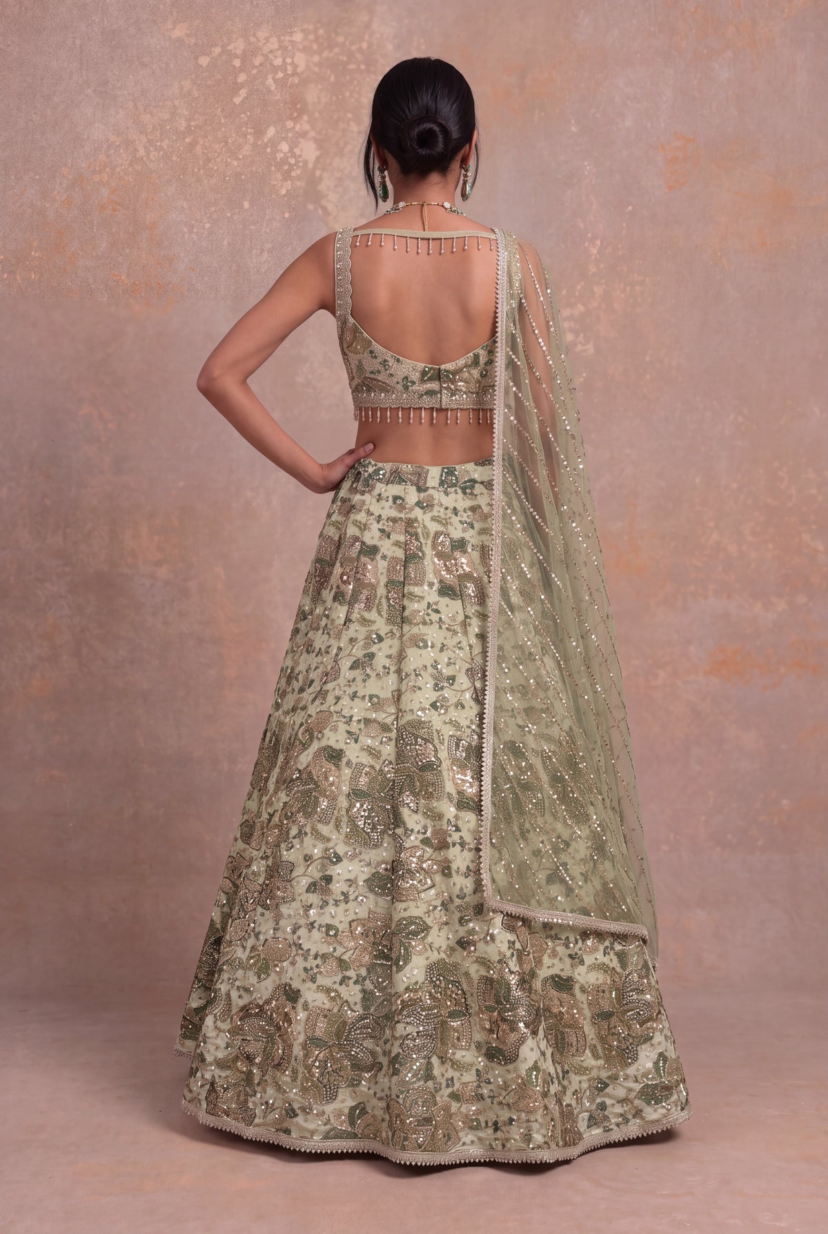 Pistachio Green Crepe Lehenga with Zari, Sequin & Stone Floral Embroidery