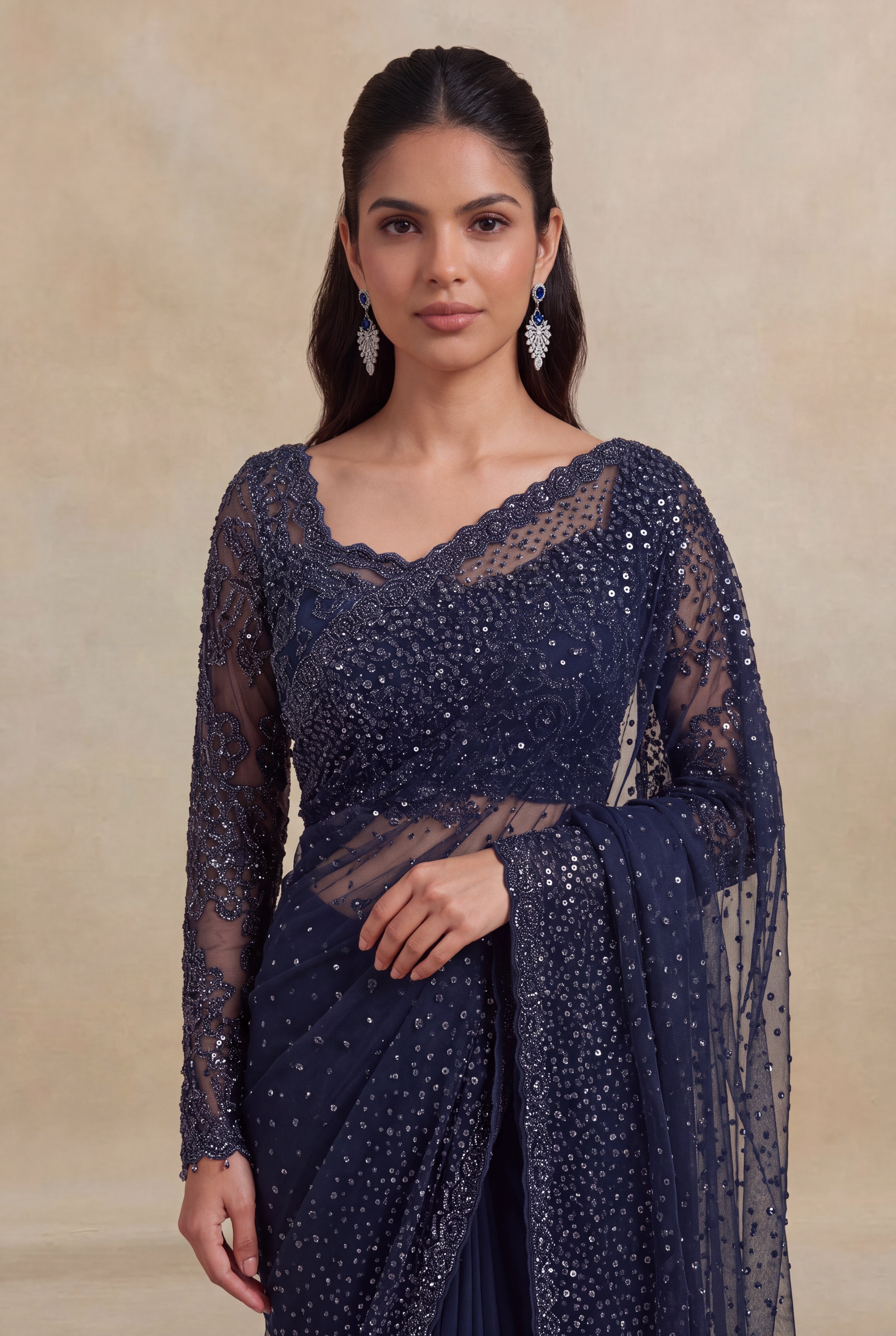 Navy Blue Net Designer Saree
