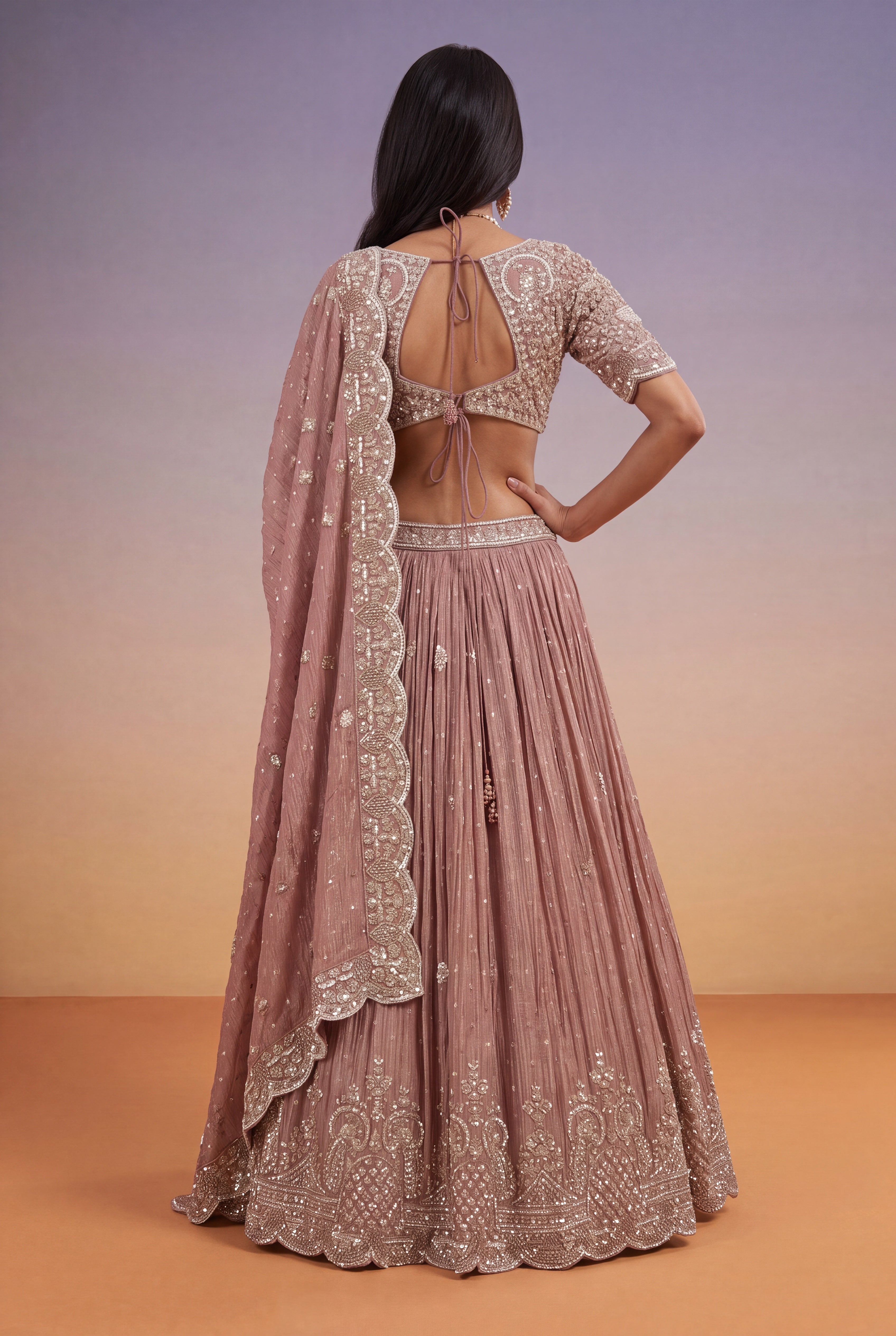 Dusty Rose Tissue Lehenga with Sequin, Kutdana & Pearl Embroidery