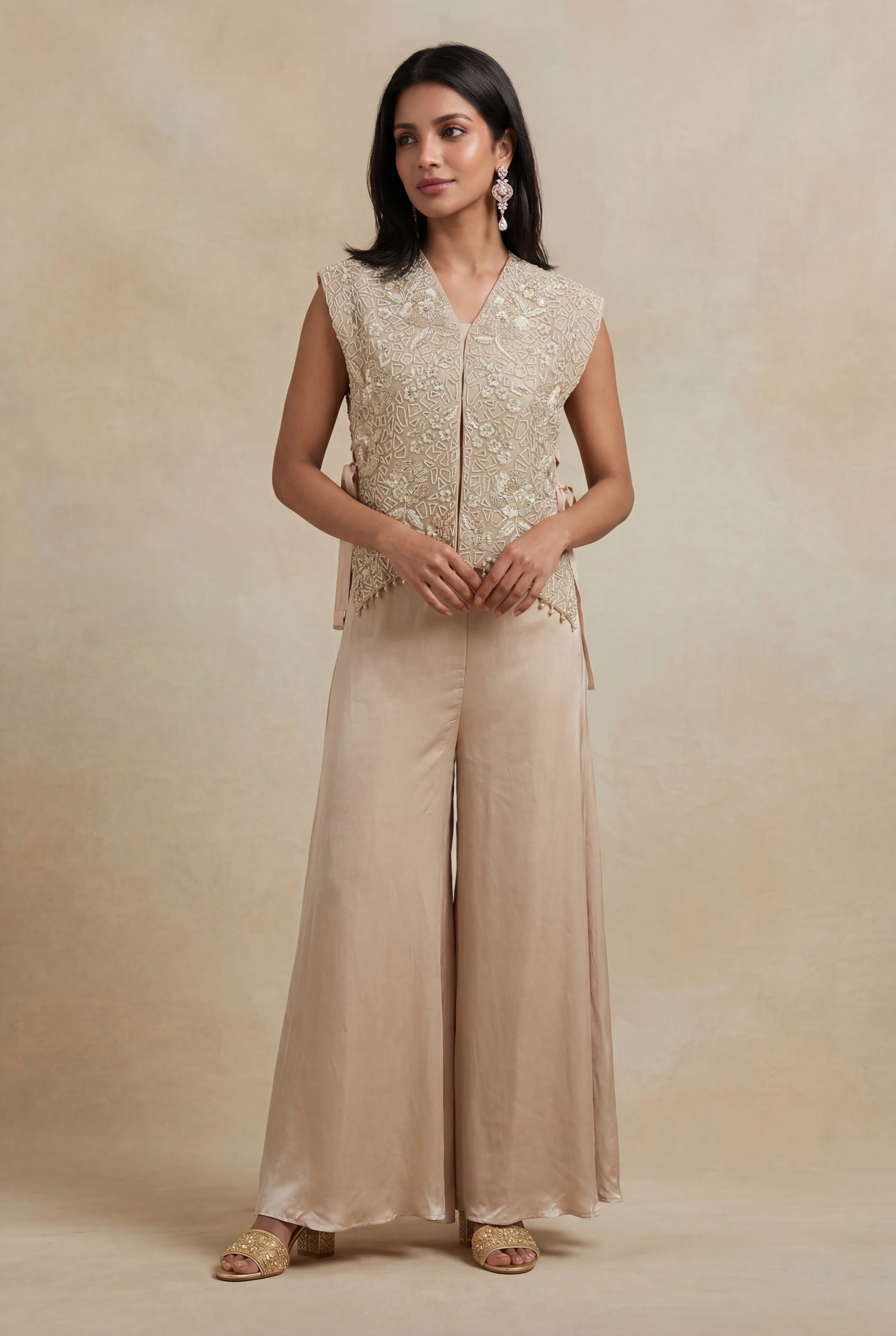 Champagne Beige Organza Indo-Western Co-Ord Set