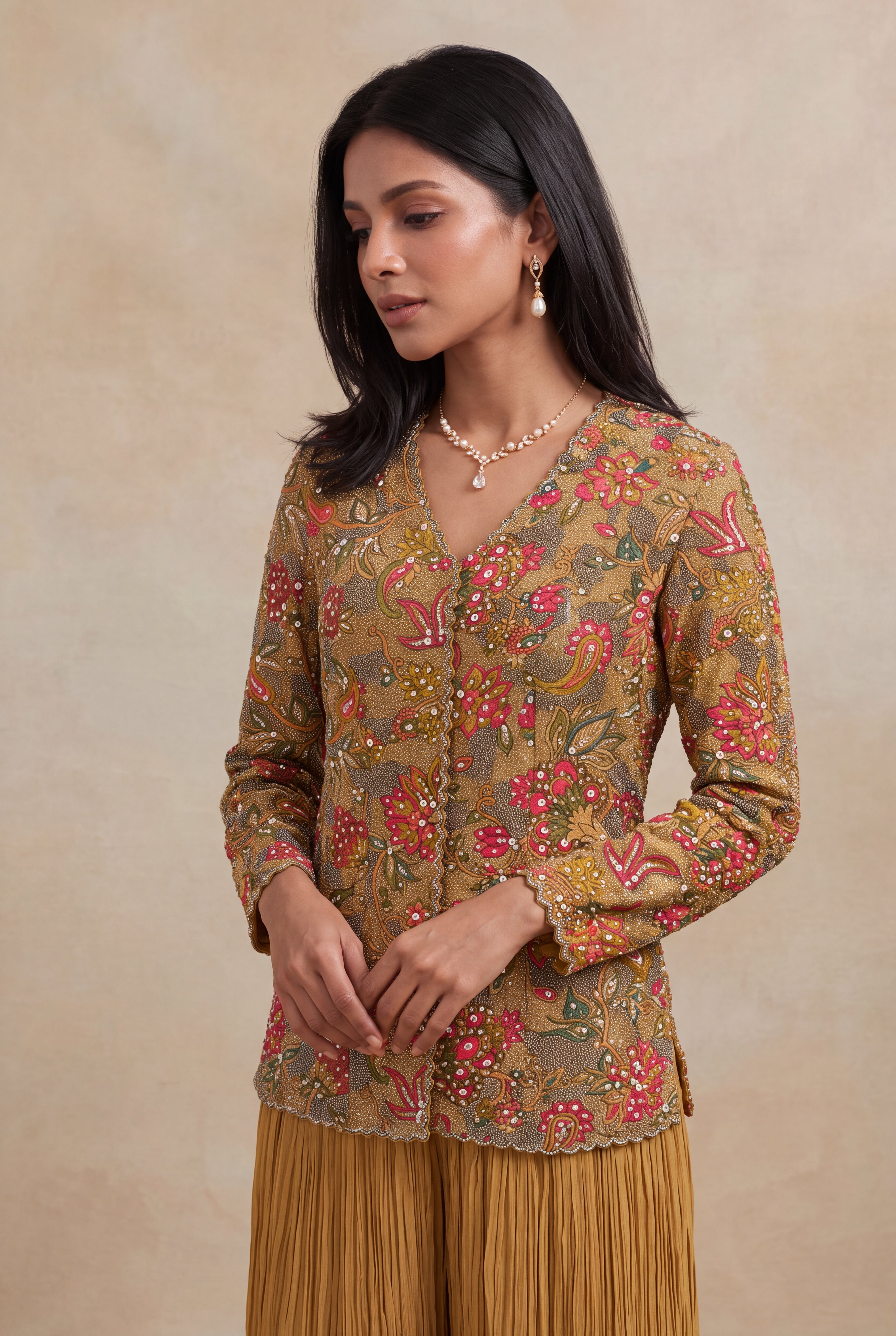 Mustard Yellow Printed Co-ord Set with Metallic Thread Embroidery