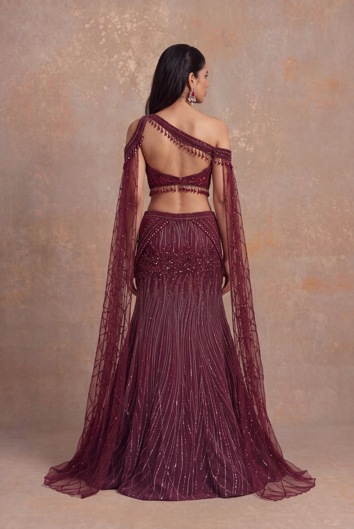 Maroon Net Lehenga with Sequin, Cutdana and Bead Embroidery