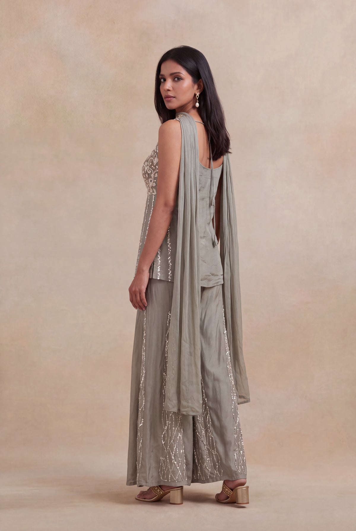 Grey Crepe Palazzo Set with Sequins & Katdana Work