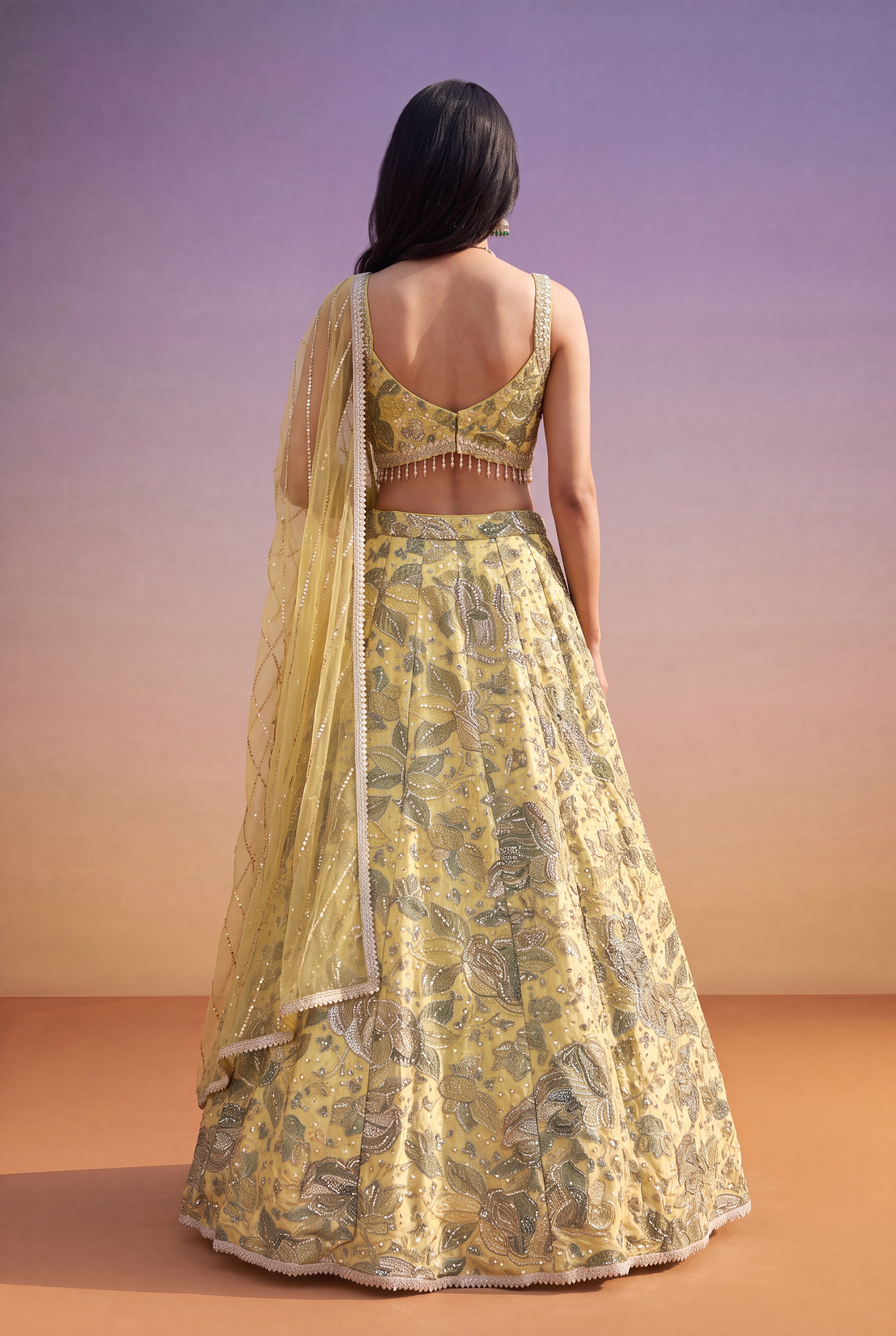 Yellow-Green Silk Lehenga with Floral Print, Zari & Sequin Work