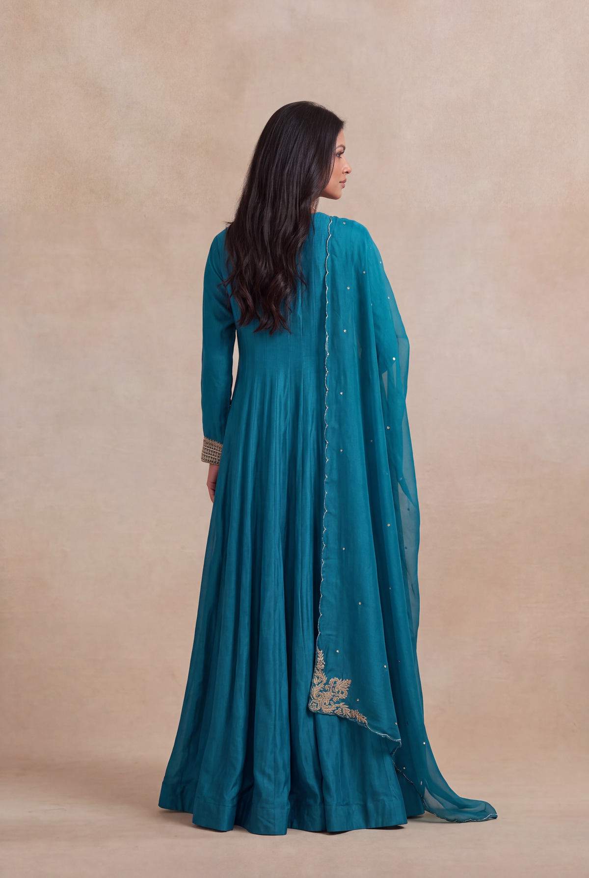 Teal Blue Chinon Silk Anarkali