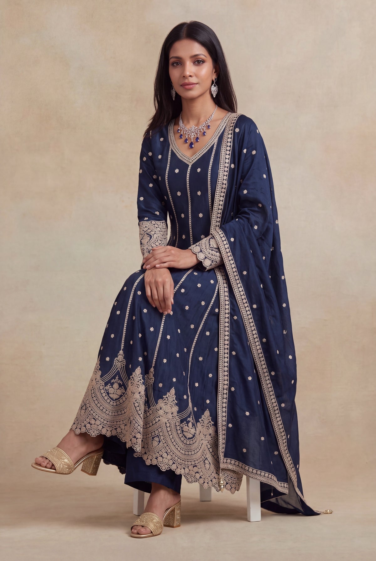 Navy Blue Raw Silk Anarkali Set