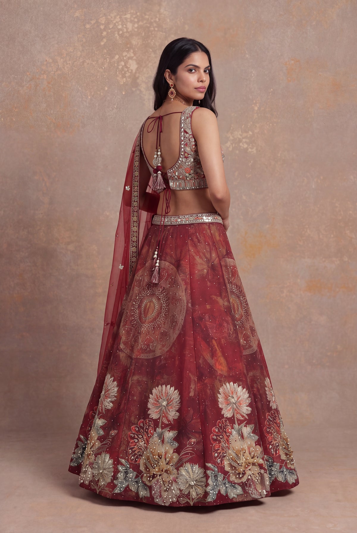 Deep Red Printed Silk Lehenga Set with Mirror Work