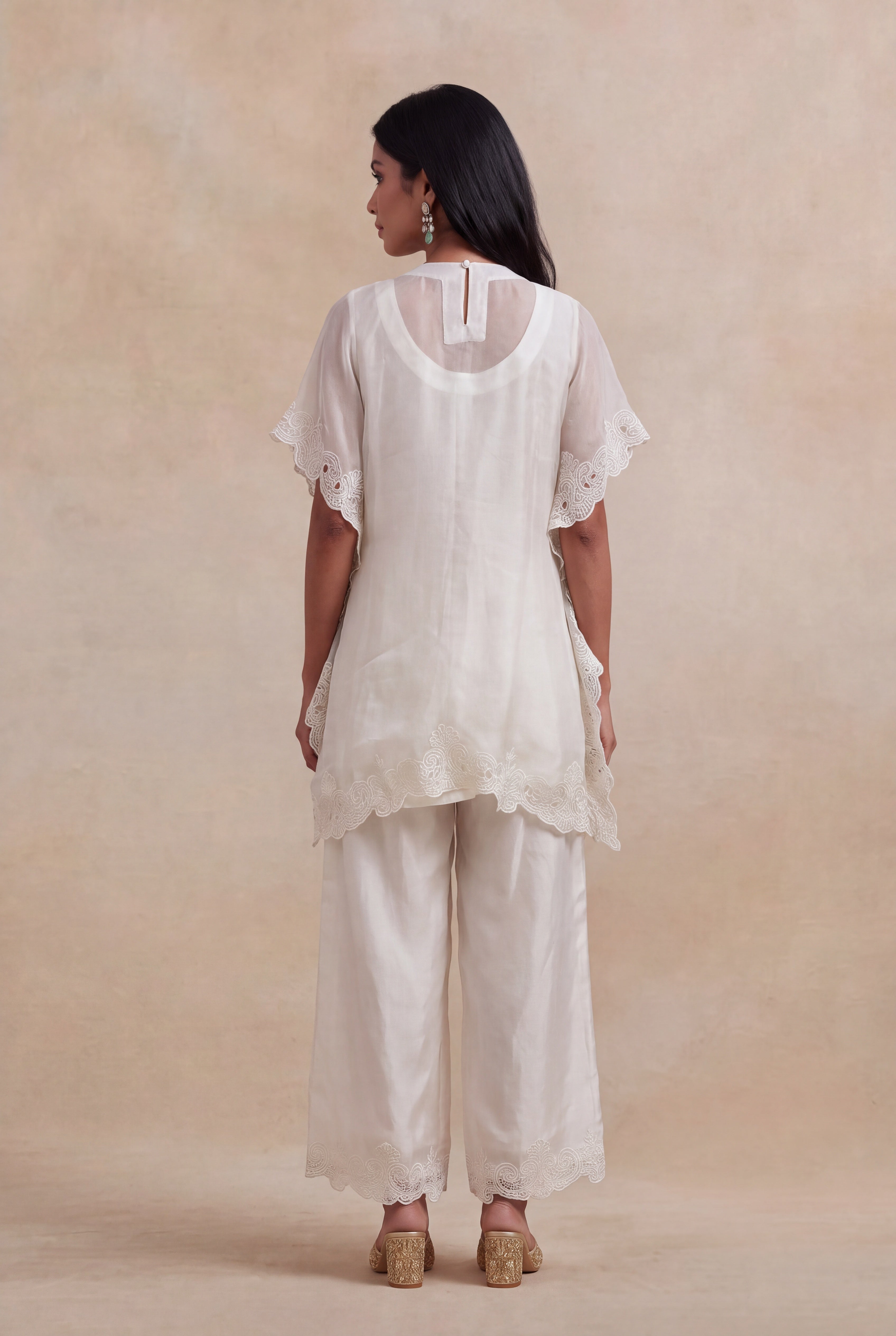 Ivory Organza Kaftan with Floral Thread Embroidery