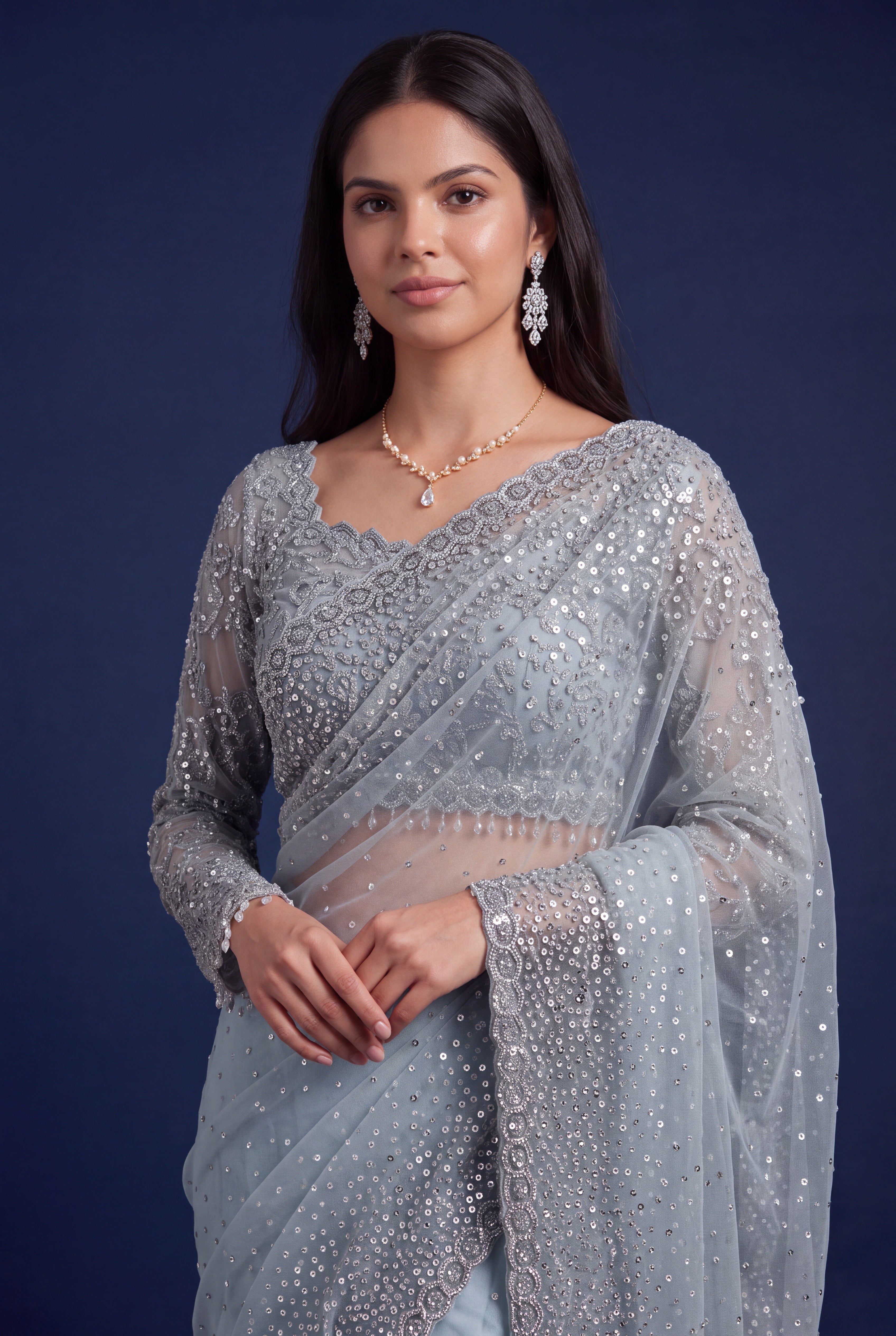 Ice Blue Net Designer Saree