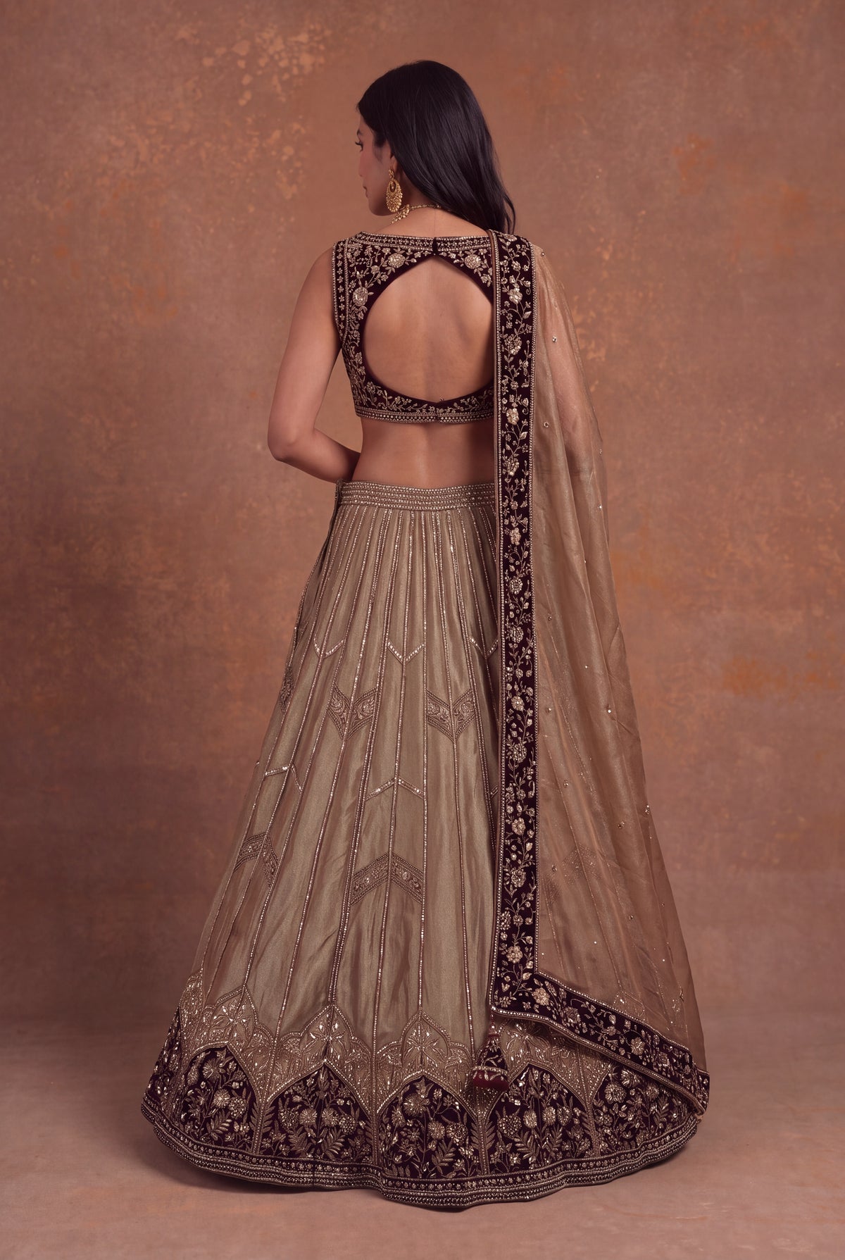 Tissue Lehenga with Maroon Velvet Blouse